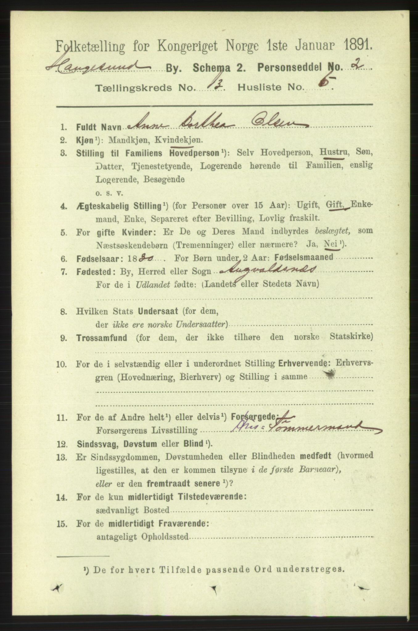 RA, 1891 census for 1106 Haugesund, 1891, p. 4397