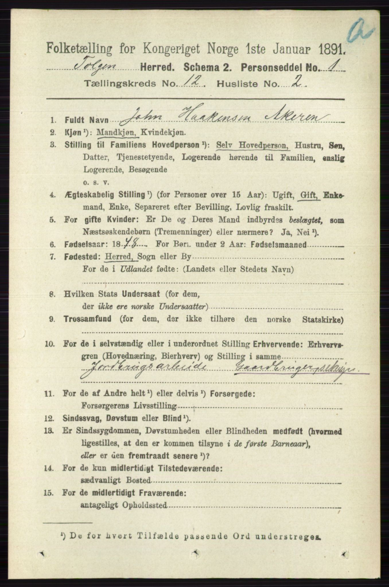 RA, 1891 census for 0436 Tolga, 1891, p. 3682