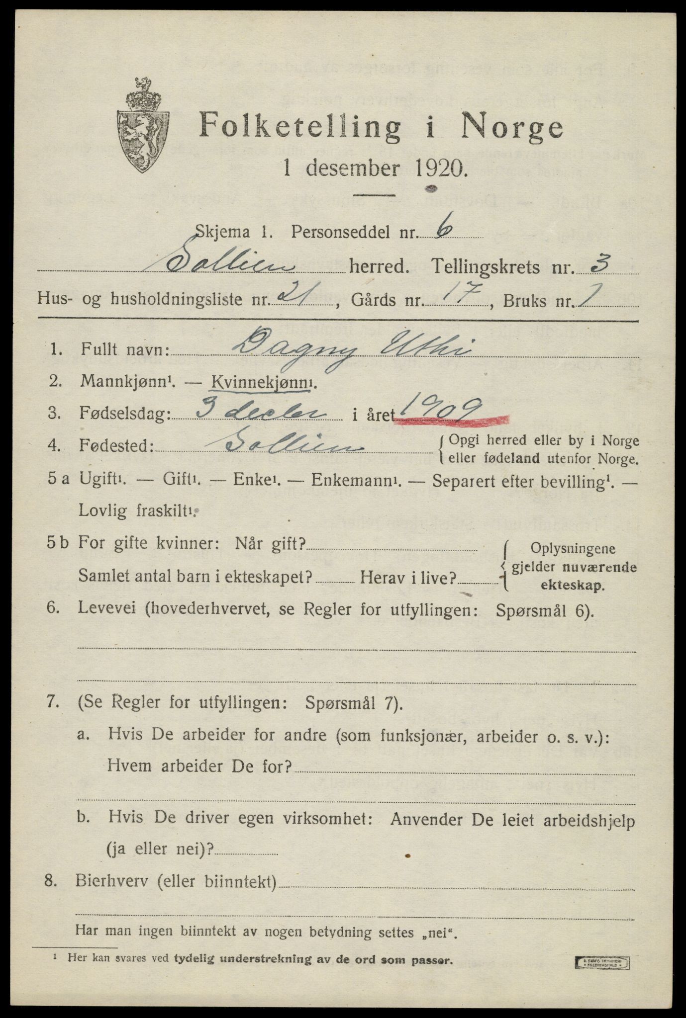 SAH, 1920 census for Sollia, 1920, p. 897