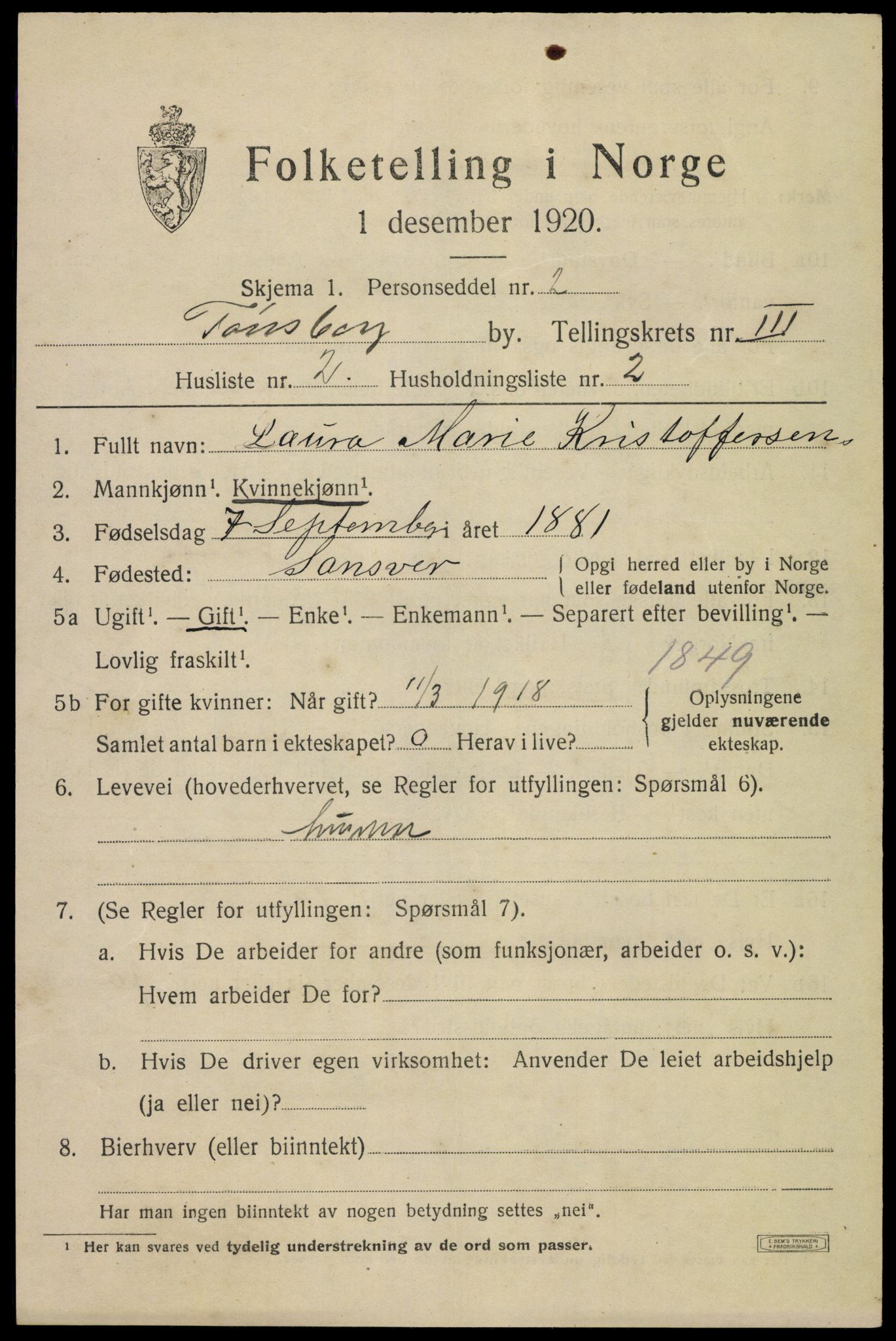 SAKO, 1920 census for Tønsberg, 1920, p. 10897