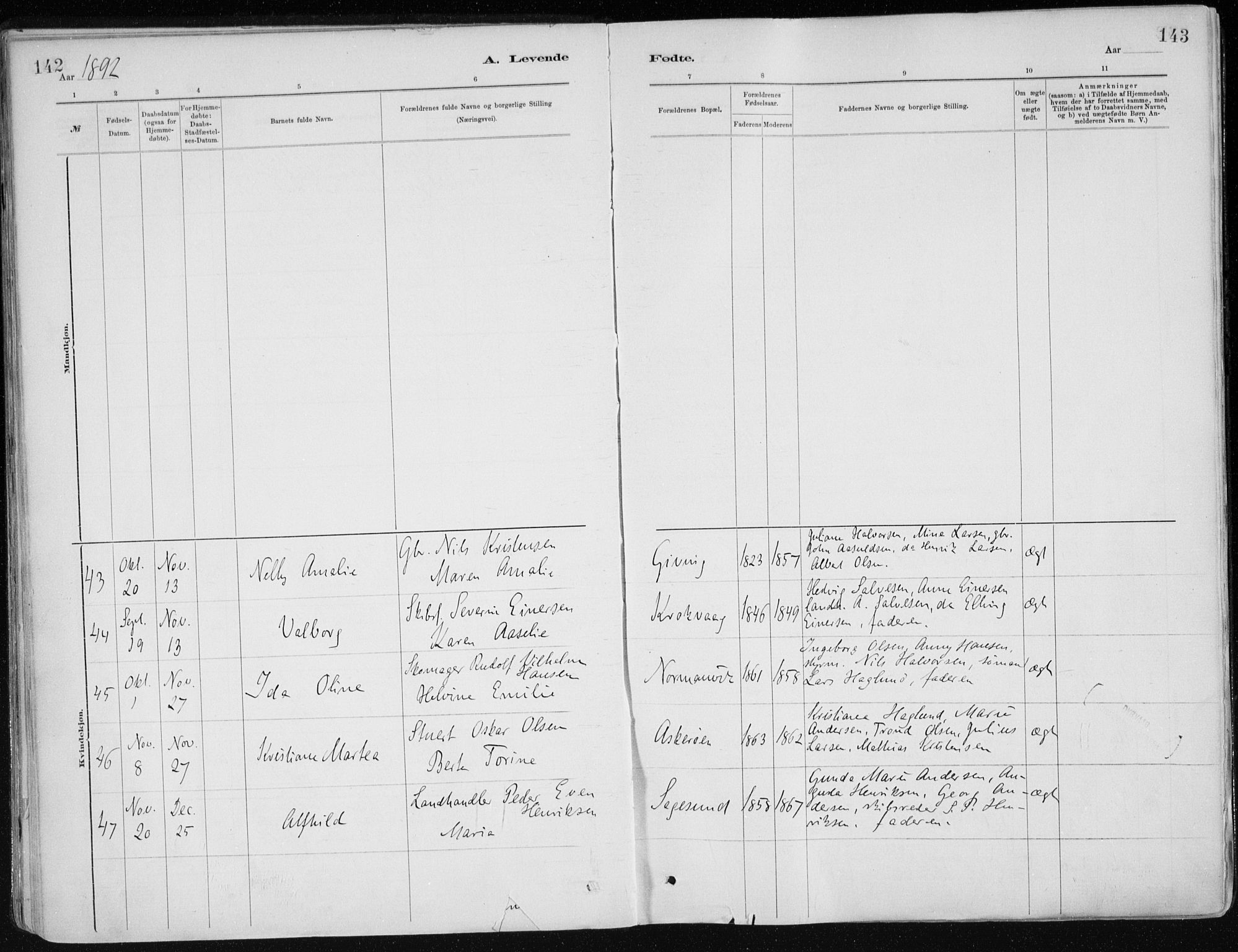Dypvåg sokneprestkontor, SAK/1111-0007/F/Fa/Faa/L0008: Parish register (official) no. A 8, 1885-1906, p. 142-143