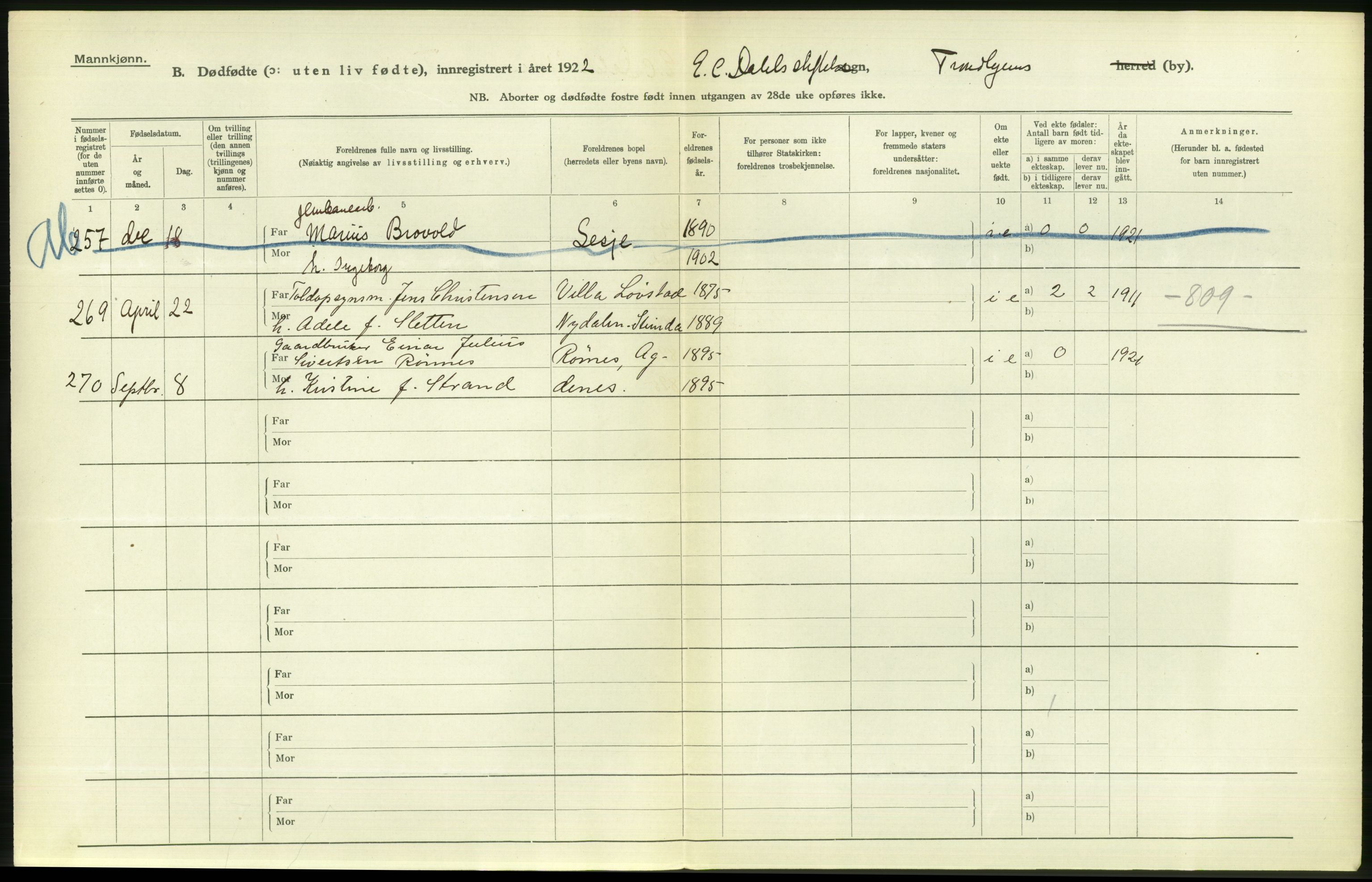 Statistisk sentralbyrå, Sosiodemografiske emner, Befolkning, AV/RA-S-2228/D/Df/Dfc/Dfcb/L0040: Trondheim: Gifte, døde, dødfødte., 1922, p. 490