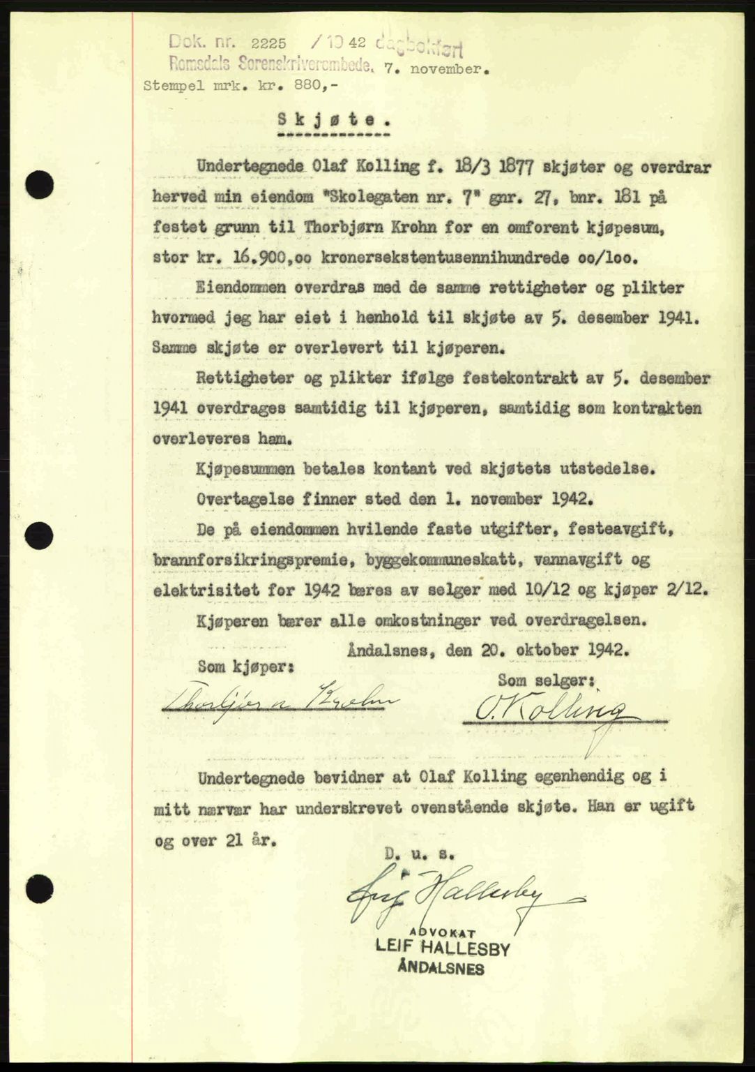 Romsdal sorenskriveri, AV/SAT-A-4149/1/2/2C: Mortgage book no. A13, 1942-1943, Diary no: : 2225/1942