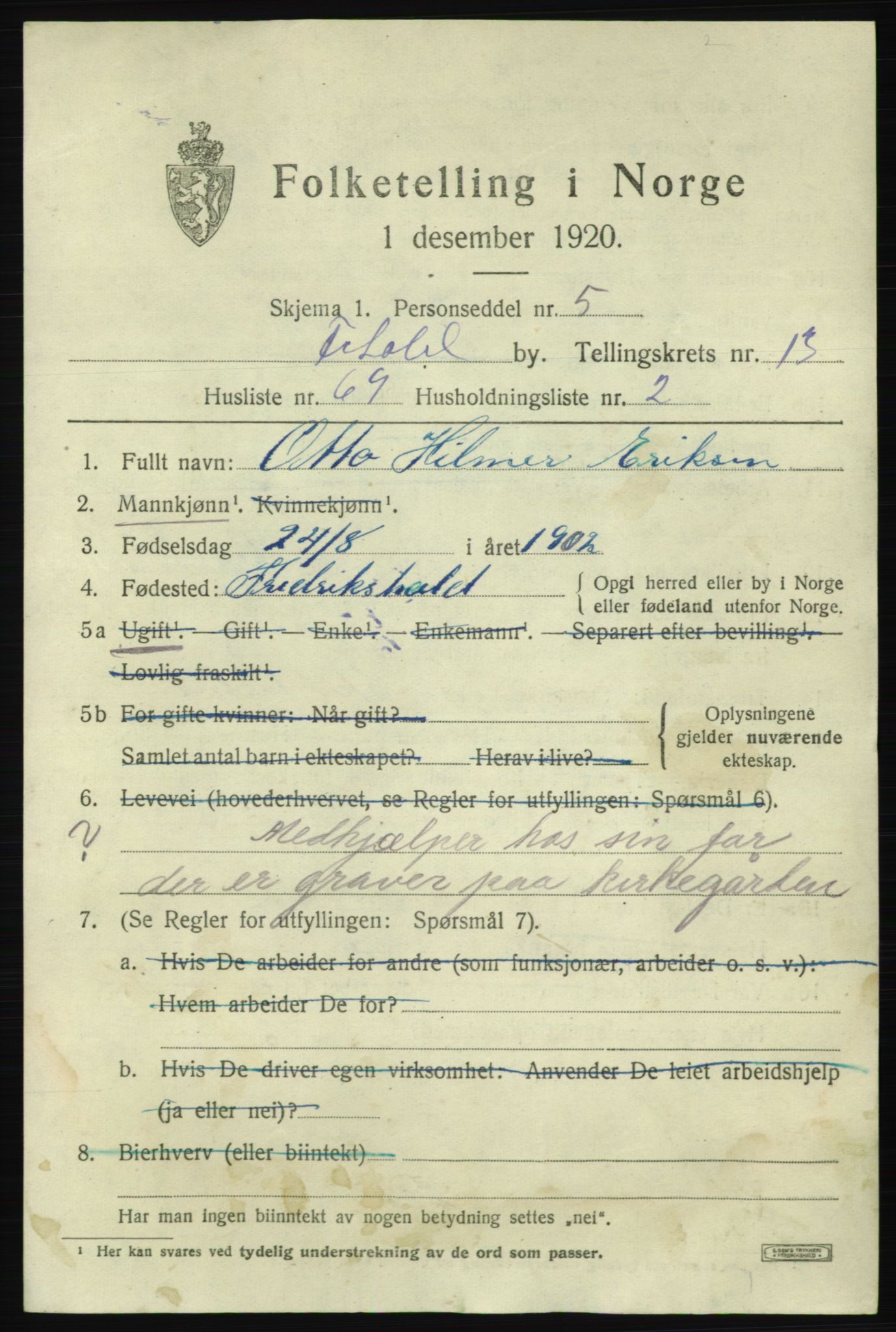 SAO, 1920 census for Fredrikshald, 1920, p. 22138