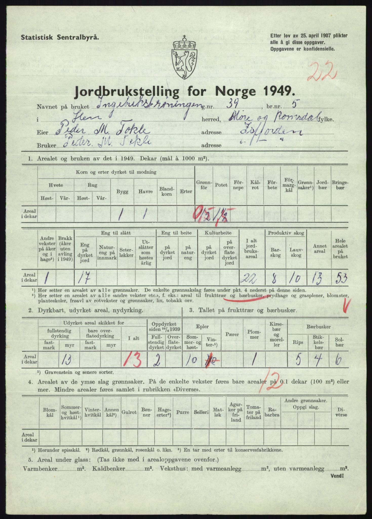 Statistisk sentralbyrå, Næringsøkonomiske emner, Jordbruk, skogbruk, jakt, fiske og fangst, AV/RA-S-2234/G/Gc/L0323: Møre og Romsdal: Grytten og Hen, 1949, p. 667