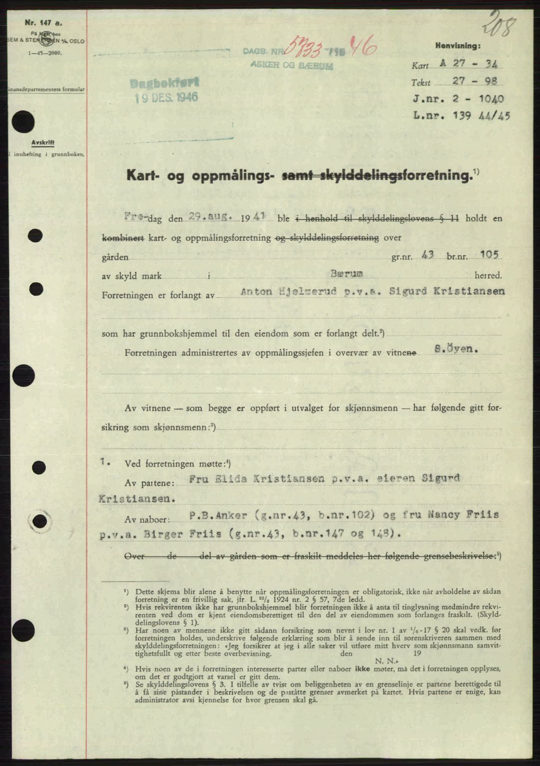 Aker herredsskriveri, AV/SAO-A-10896/G/Gb/Gbb/Gbbb/L0036: Mortgage book no. A82, 1946-1947, Diary no: : 5733/1946