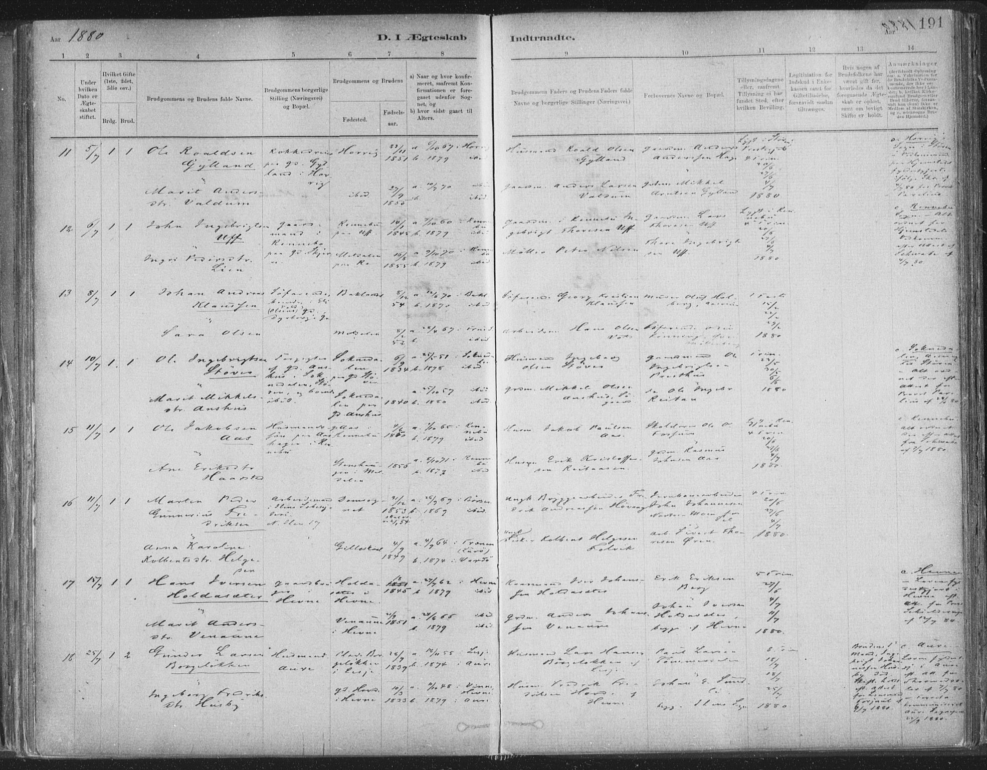 Ministerialprotokoller, klokkerbøker og fødselsregistre - Sør-Trøndelag, AV/SAT-A-1456/603/L0162: Parish register (official) no. 603A01, 1879-1895, p. 191