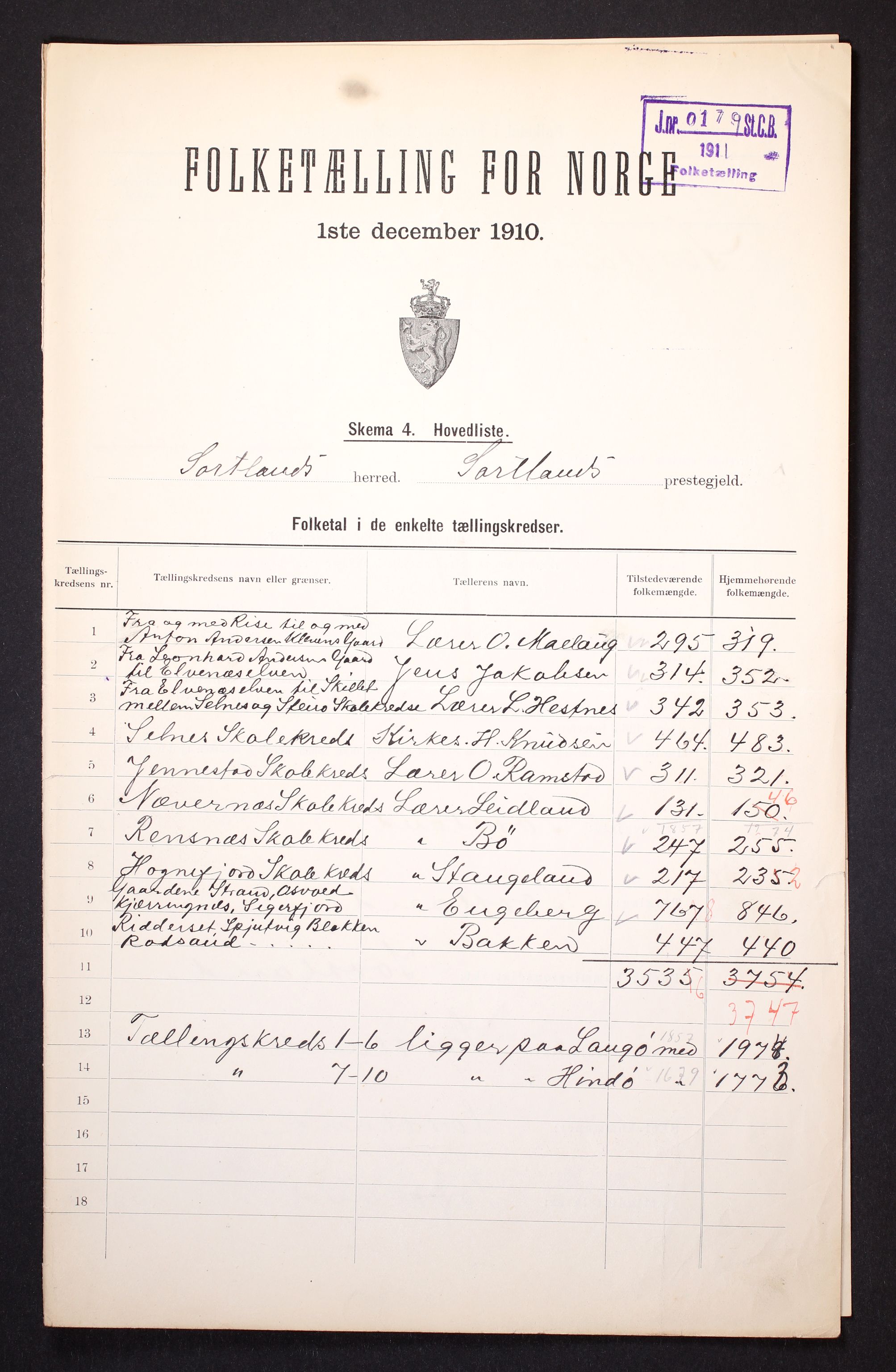 RA, 1910 census for Sortland, 1910, p. 2