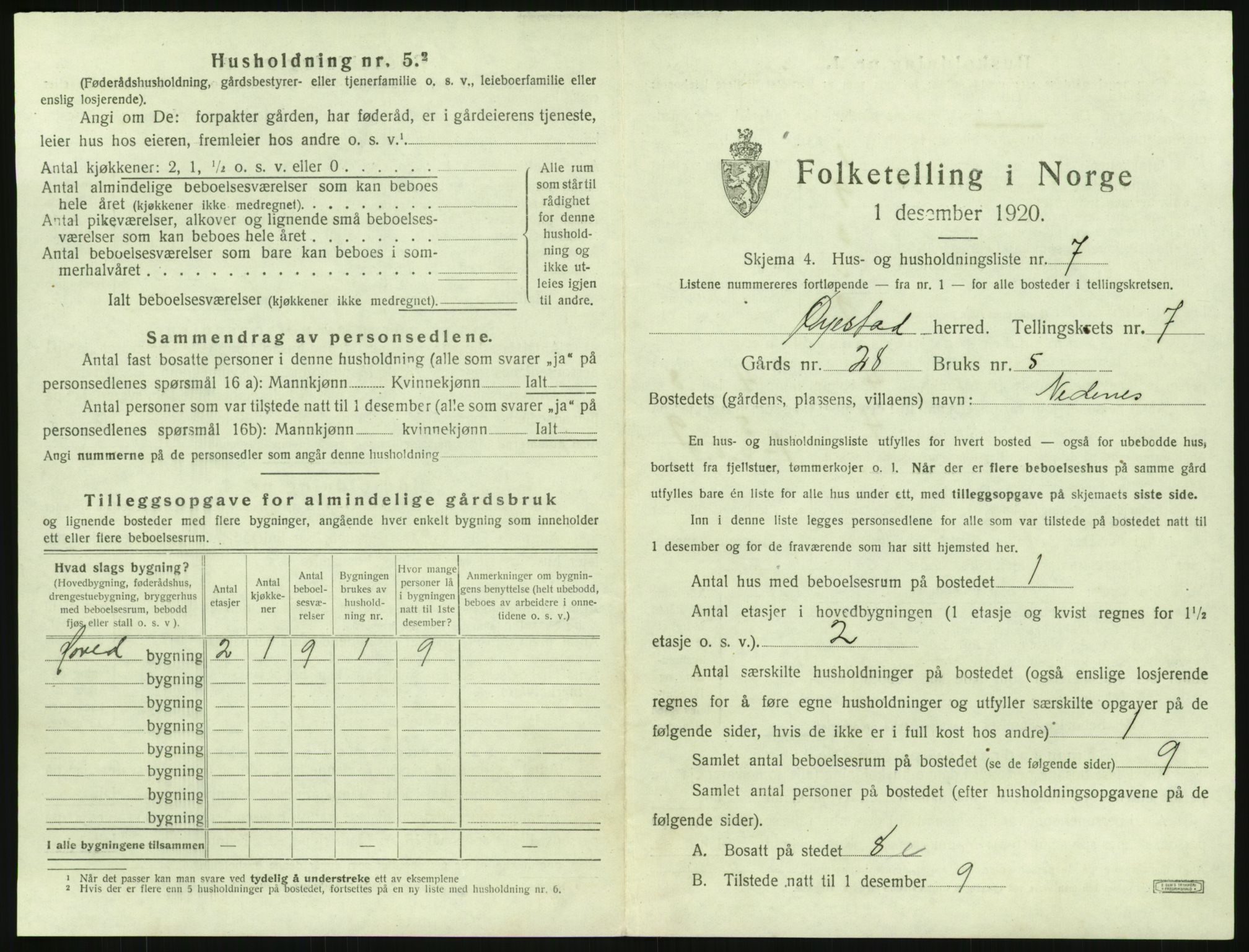 SAK, 1920 census for Øyestad, 1920, p. 652