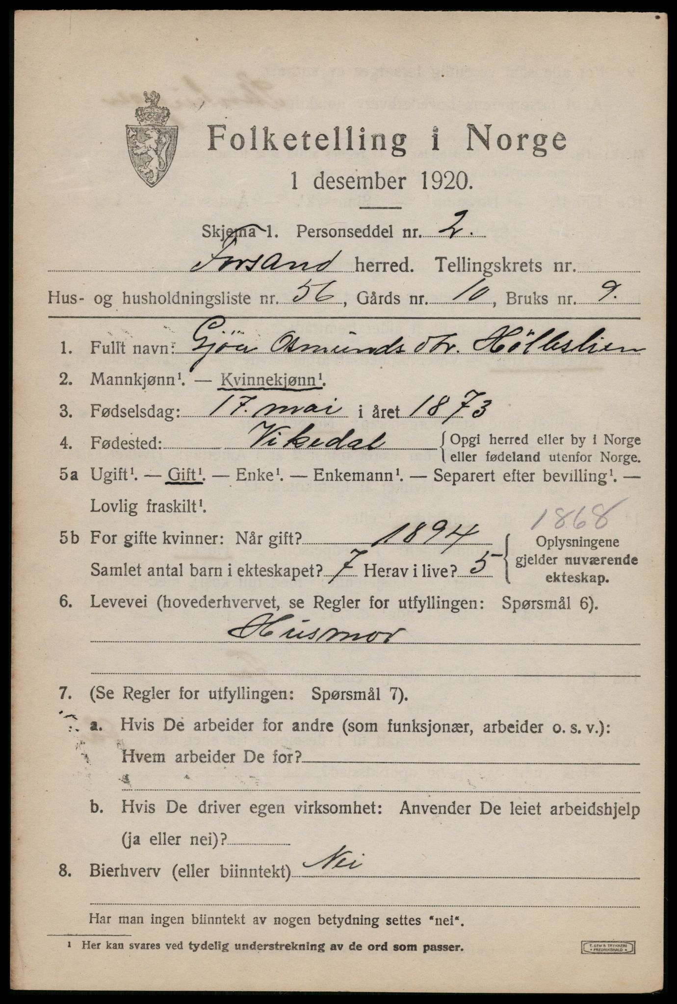 SAST, 1920 census for Forsand, 1920, p. 1209
