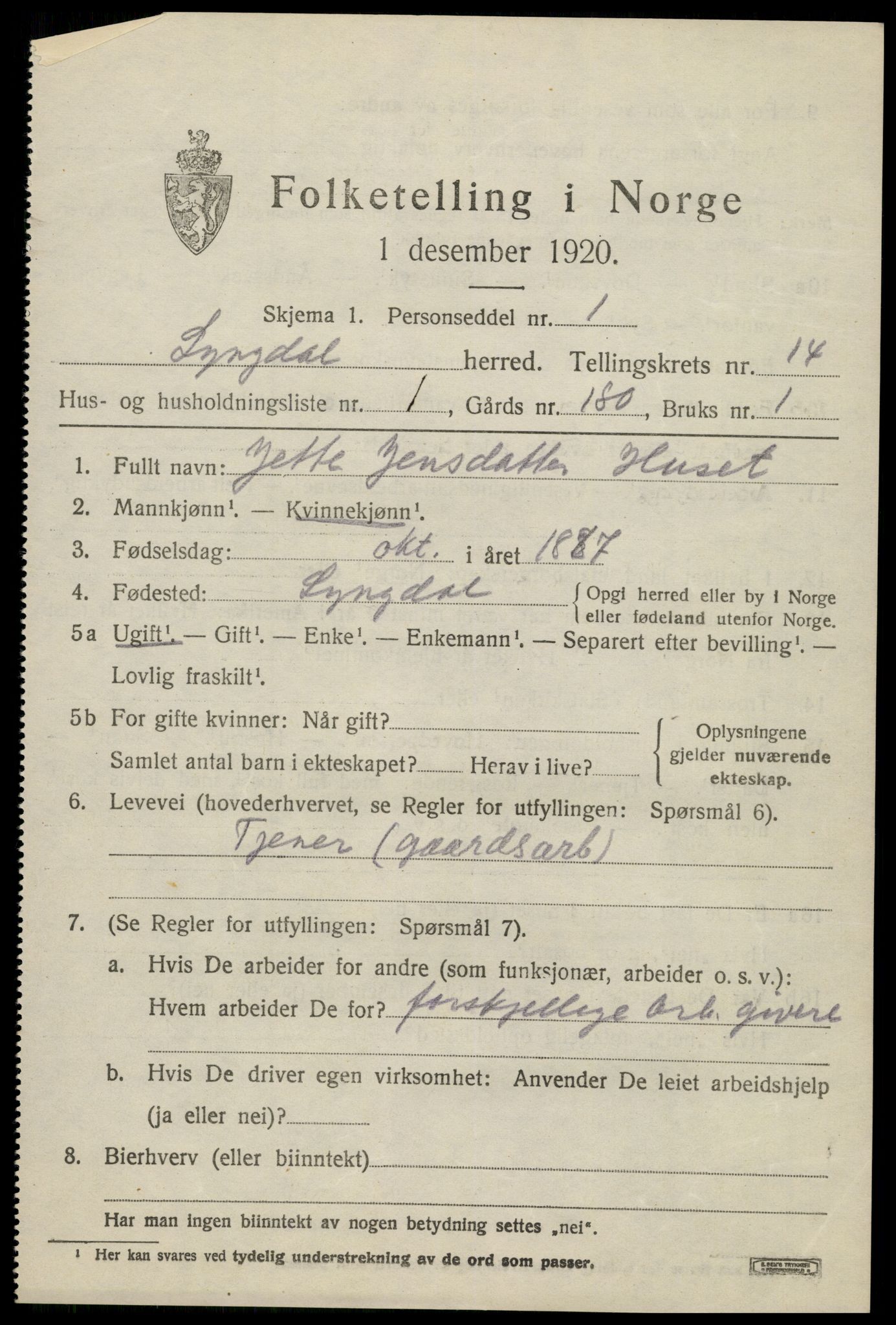 SAK, 1920 census for Lyngdal, 1920, p. 6007