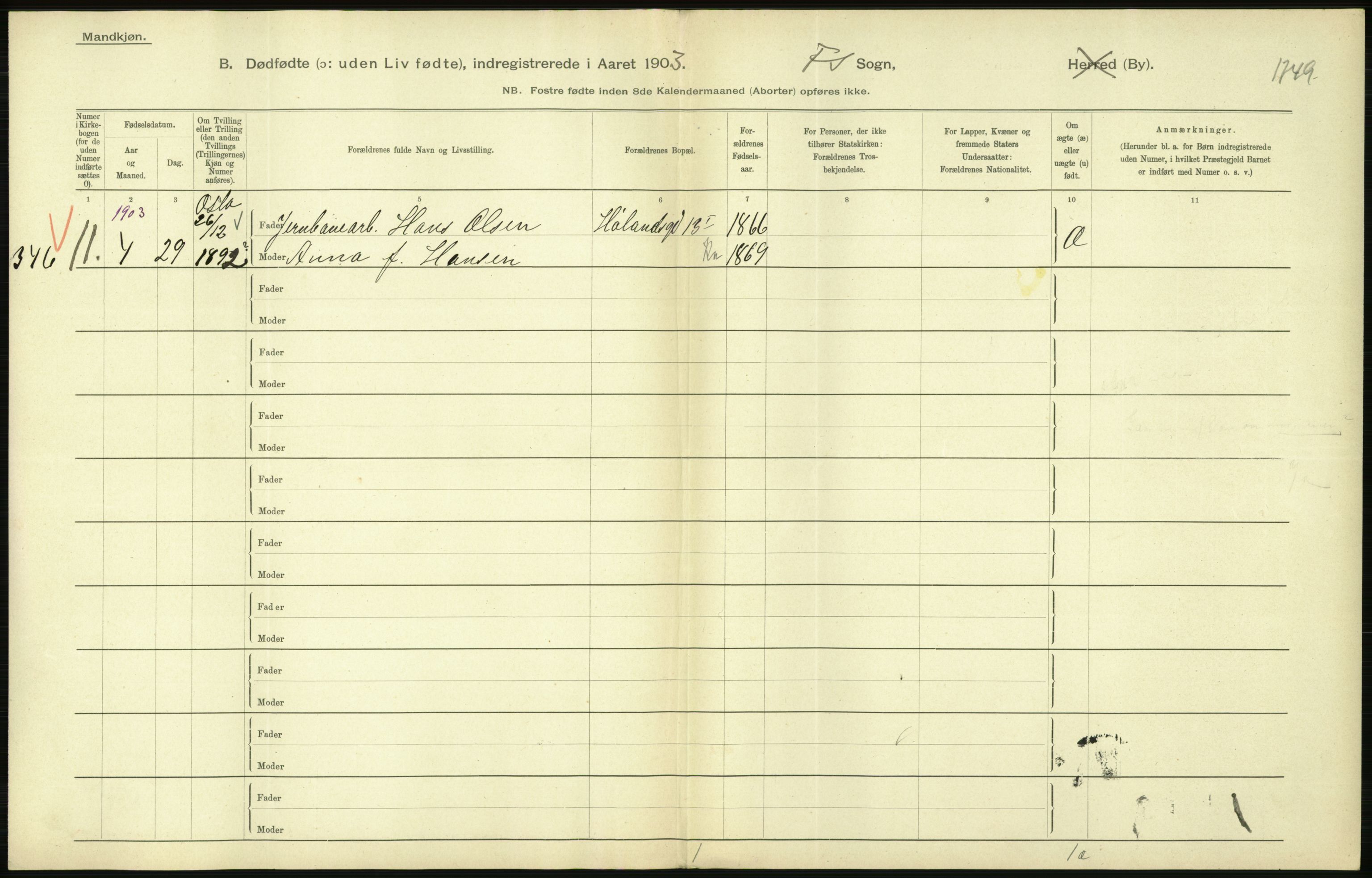 Statistisk sentralbyrå, Sosiodemografiske emner, Befolkning, AV/RA-S-2228/D/Df/Dfa/Dfaa/L0026: Smålenenes - Finnmarkens amt: Dødfødte. Byer., 1903, p. 66