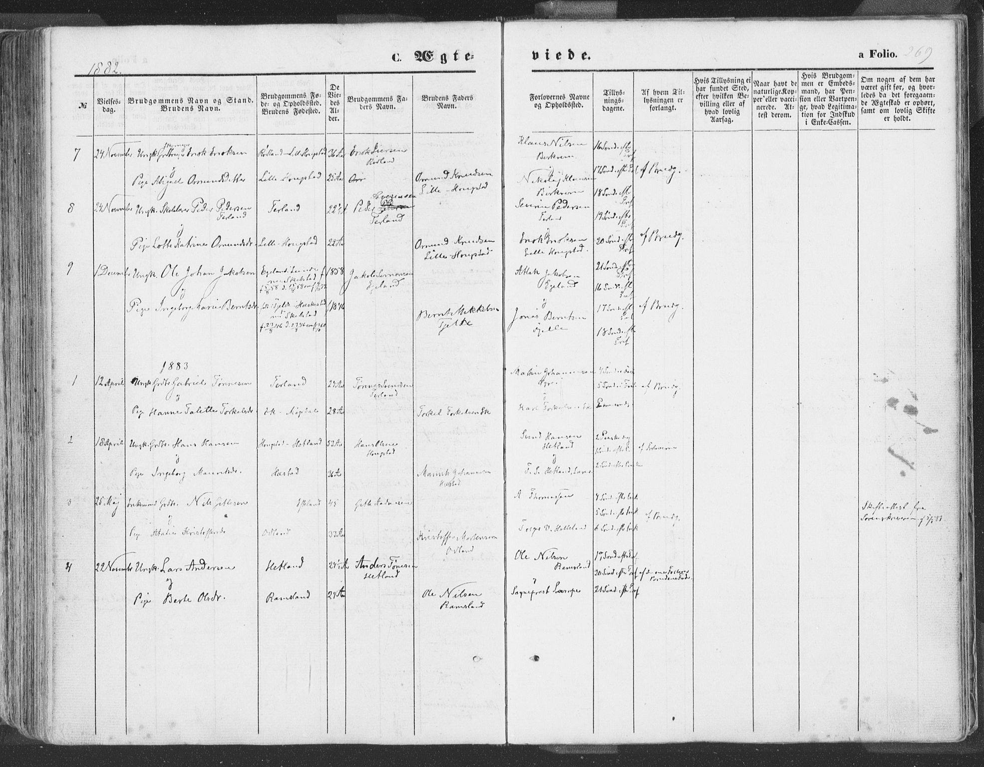 Helleland sokneprestkontor, AV/SAST-A-101810: Parish register (official) no. A 7.1, 1863-1886, p. 269