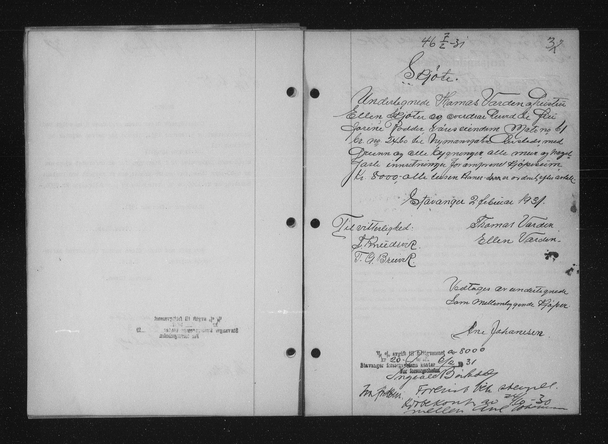 Stavanger byfogd, SAST/A-101408/001/4/41/410/410BB/L0059: Mortgage book no. 49, 1931-1931, Deed date: 07.02.1931