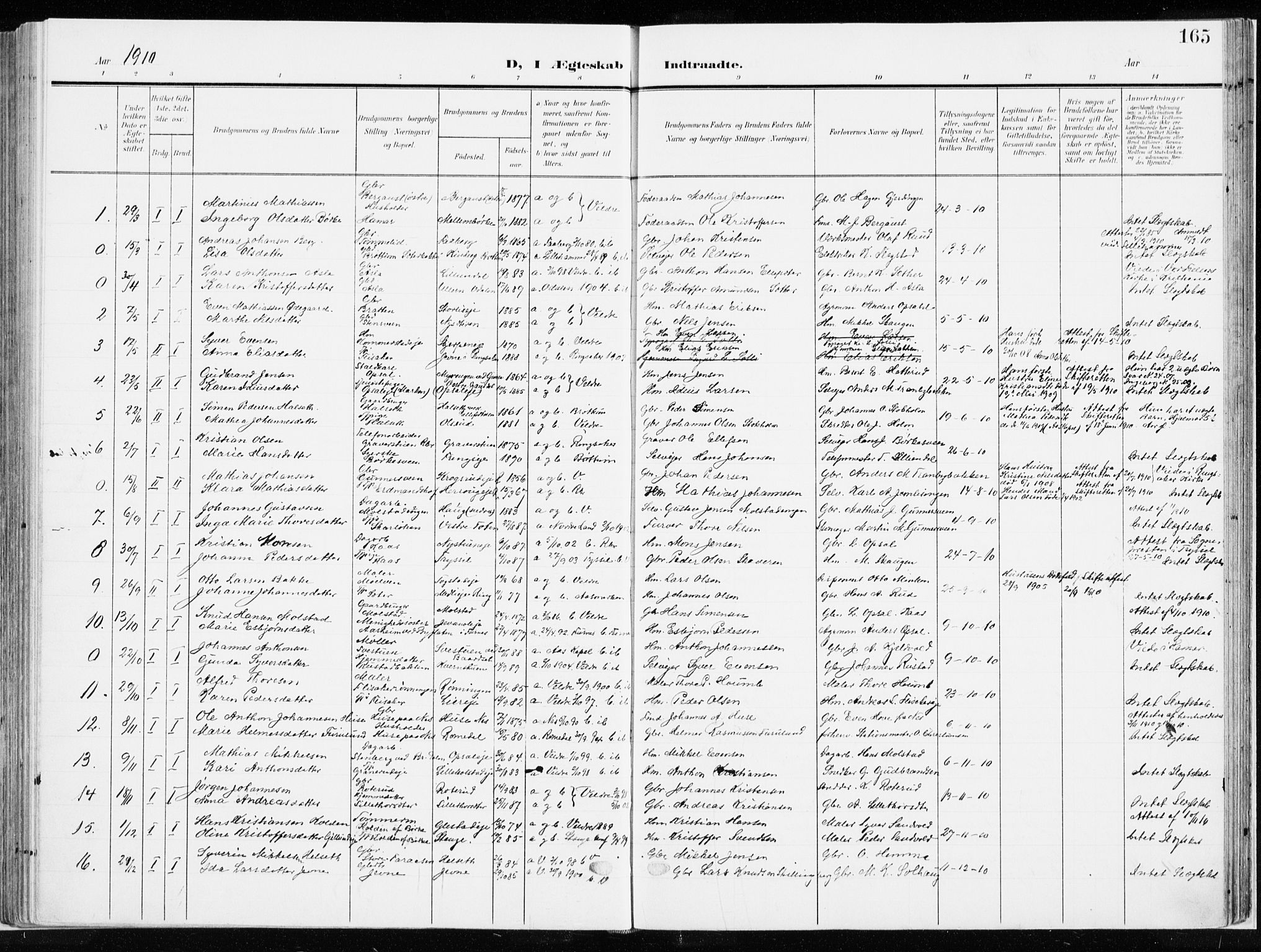 Ringsaker prestekontor, AV/SAH-PREST-014/K/Ka/L0019: Parish register (official) no. 19, 1905-1920, p. 165