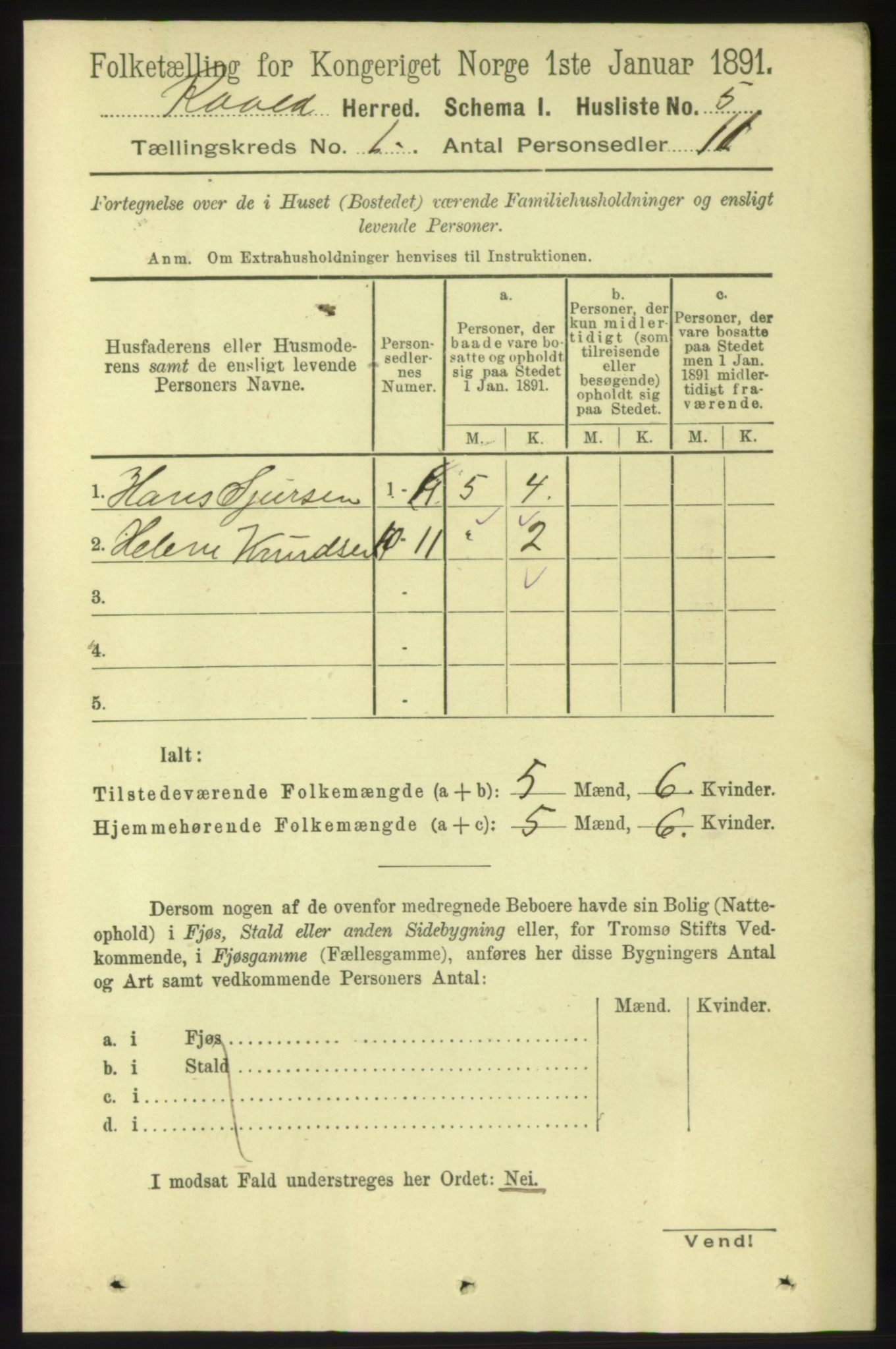 RA, 1891 census for 1533 Roald, 1891, p. 14