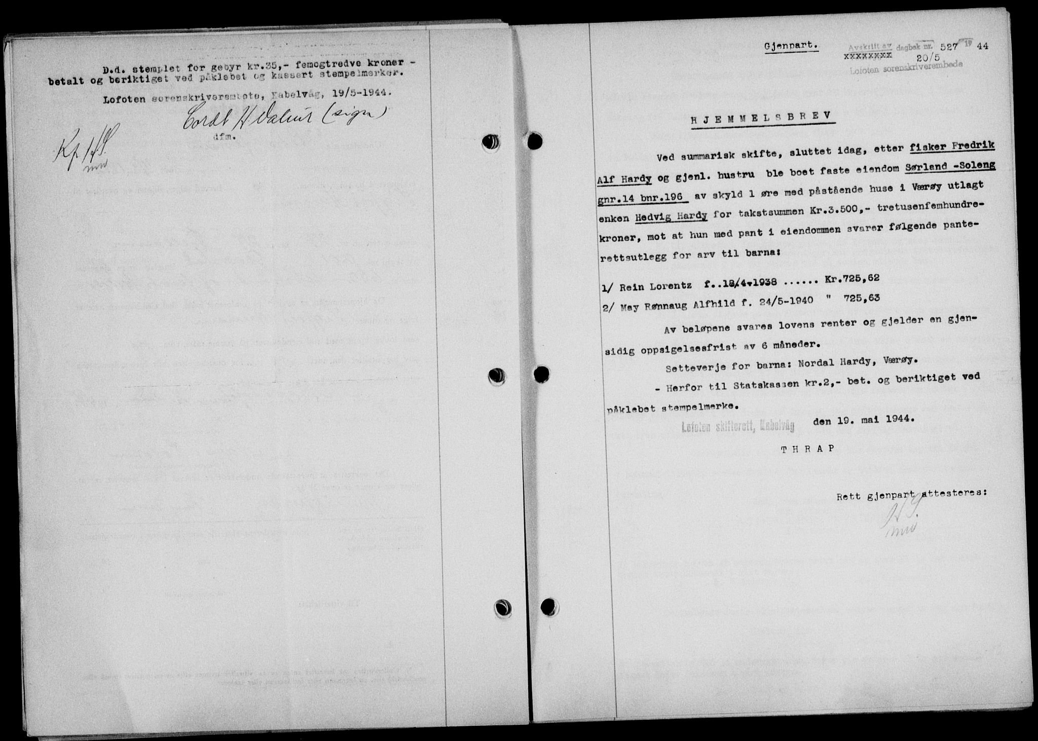 Lofoten sorenskriveri, SAT/A-0017/1/2/2C/L0012a: Mortgage book no. 12a, 1943-1944, Diary no: : 527/1944