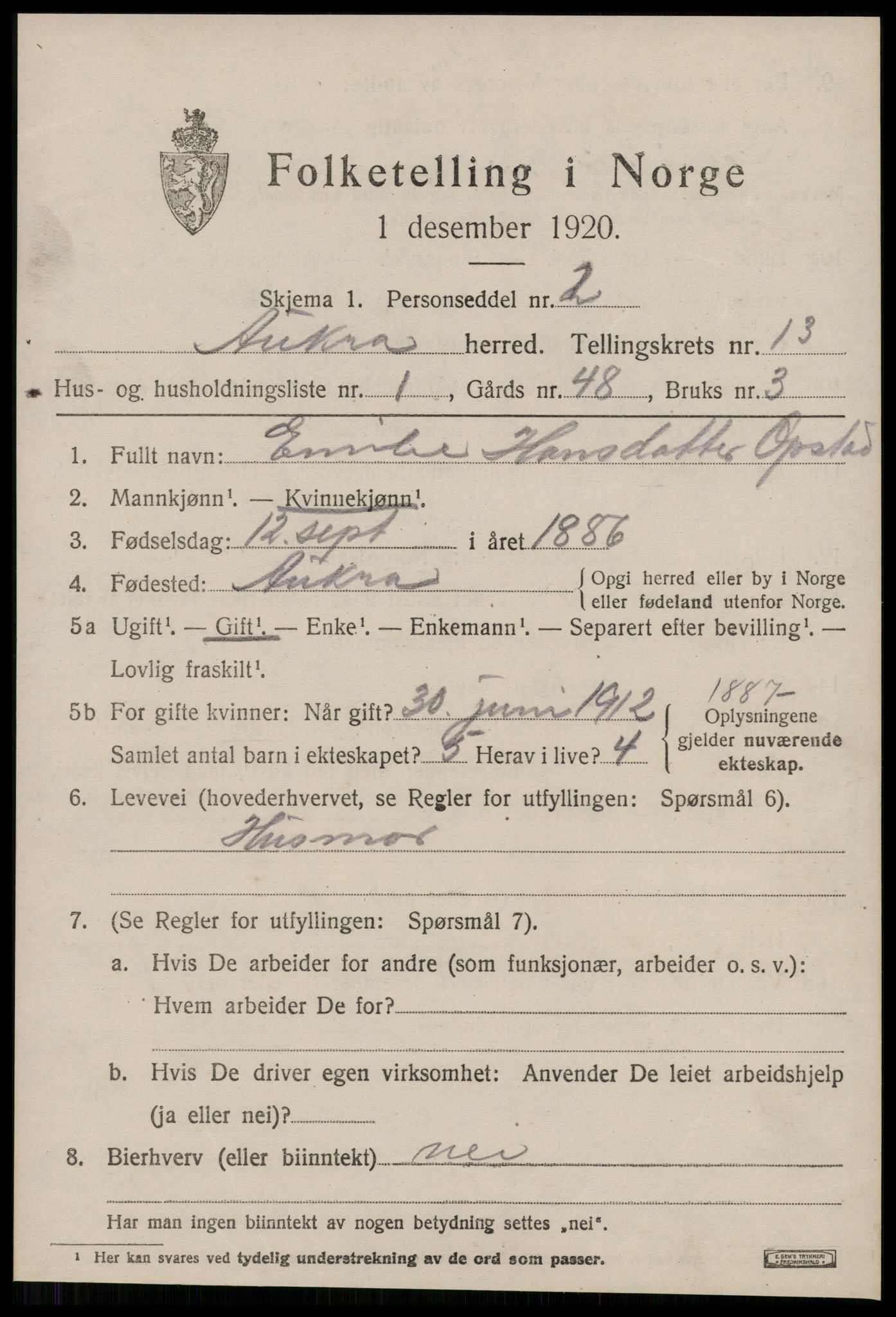 SAT, 1920 census for Aukra, 1920, p. 5479