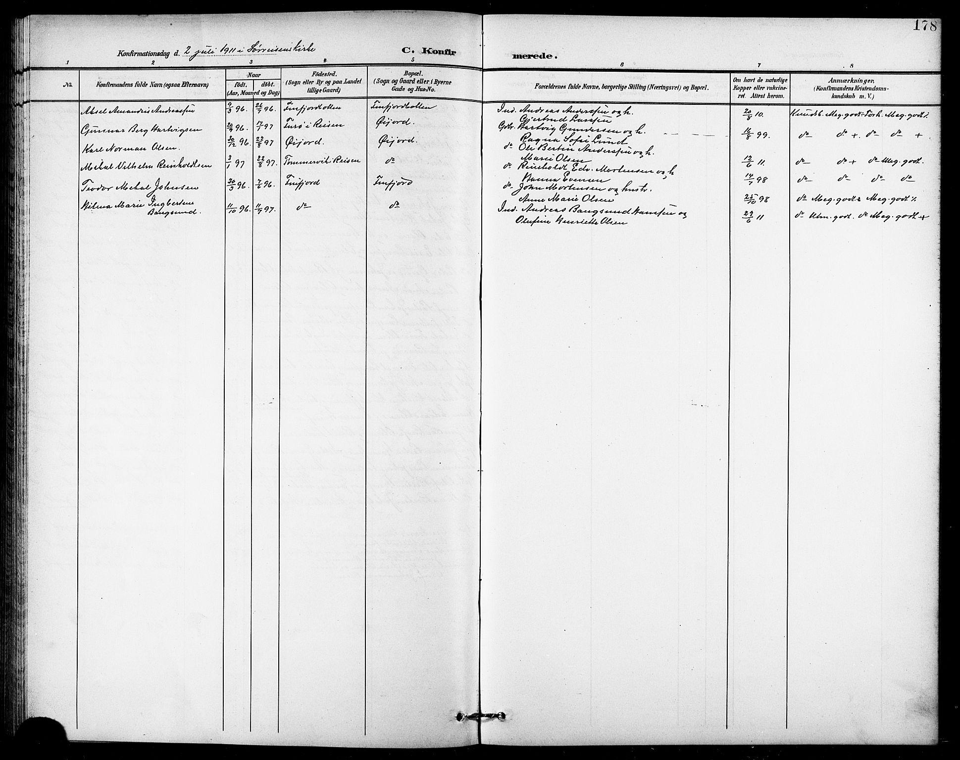 Lenvik sokneprestembete, AV/SATØ-S-1310/H/Ha/Hab/L0008klokker: Parish register (copy) no. 8, 1899-1911, p. 178