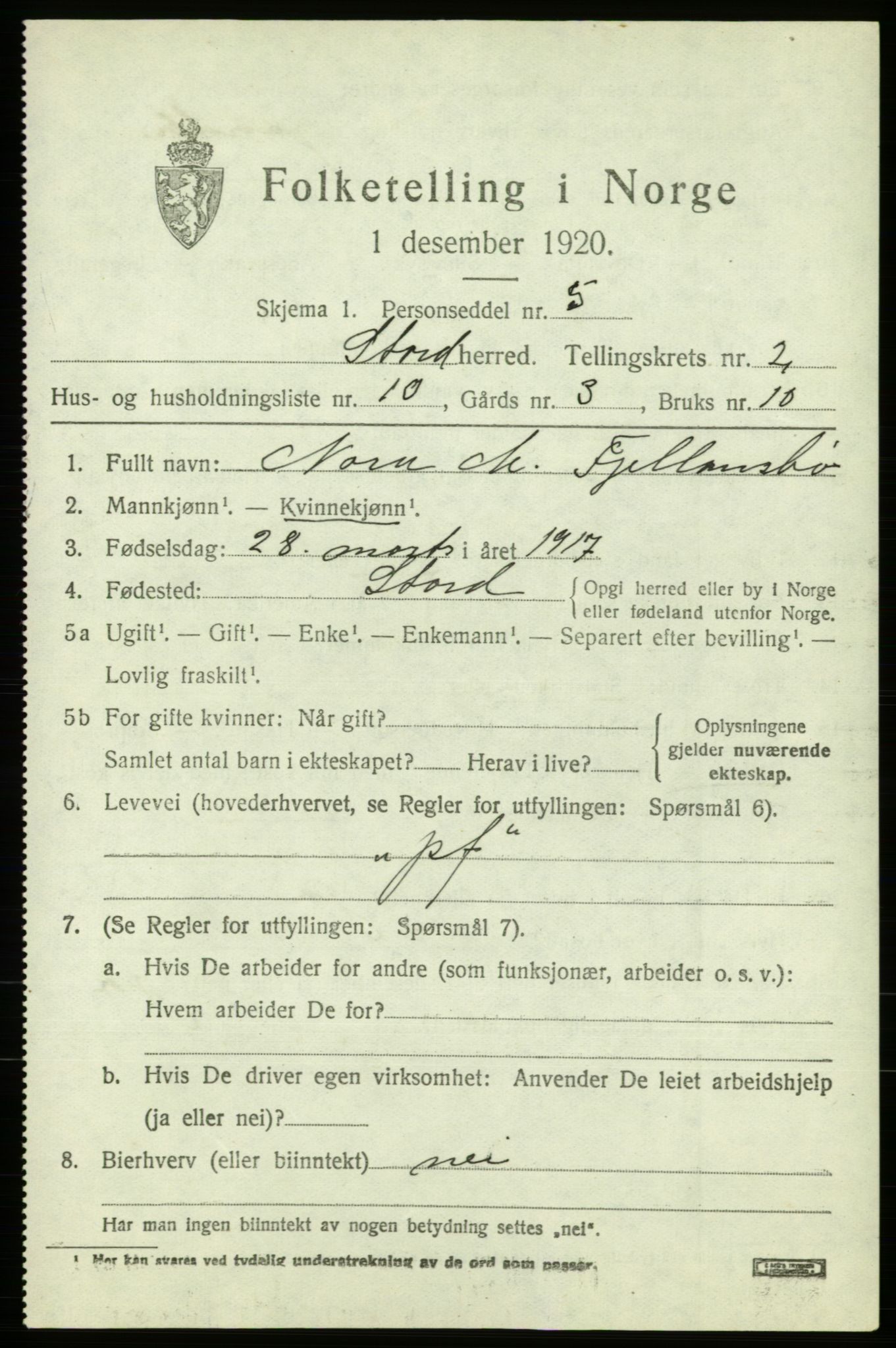 SAB, 1920 census for Stord, 1920, p. 1683