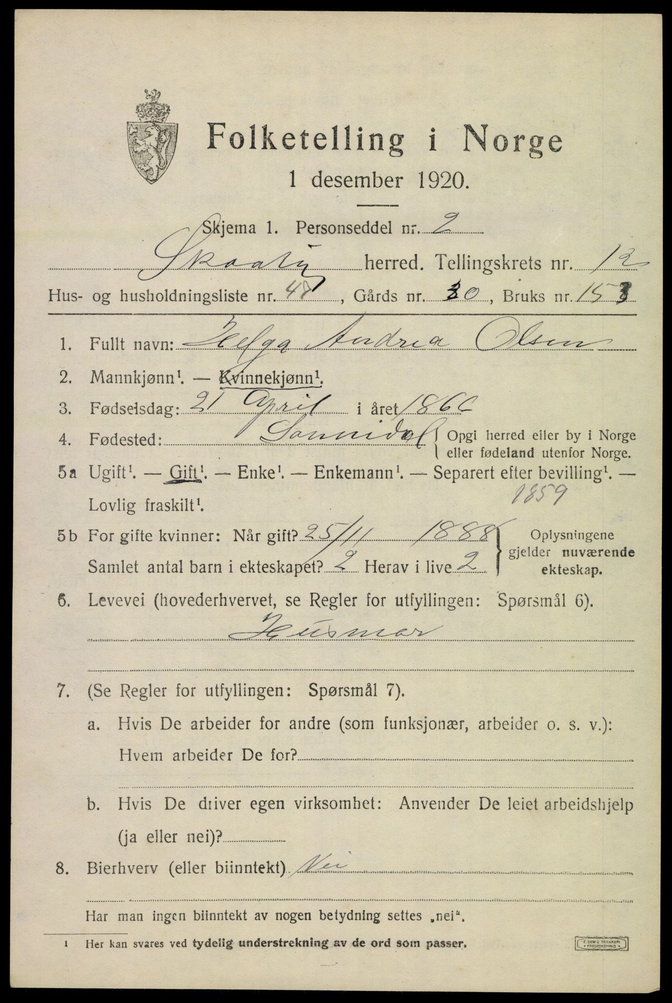 SAKO, 1920 census for Skåtøy, 1920, p. 8620