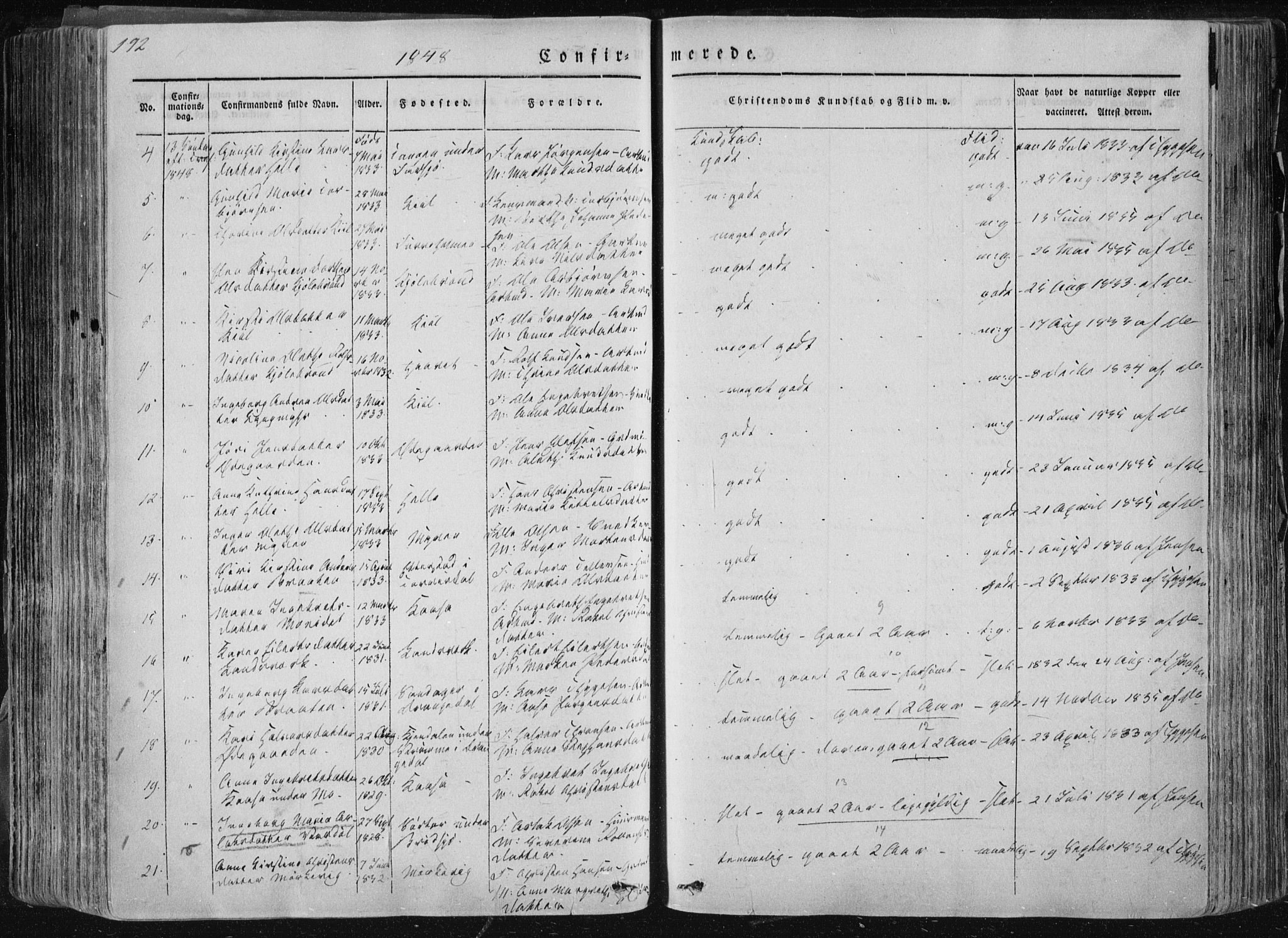 Sannidal kirkebøker, AV/SAKO-A-296/F/Fa/L0007: Parish register (official) no. 7, 1831-1854, p. 192