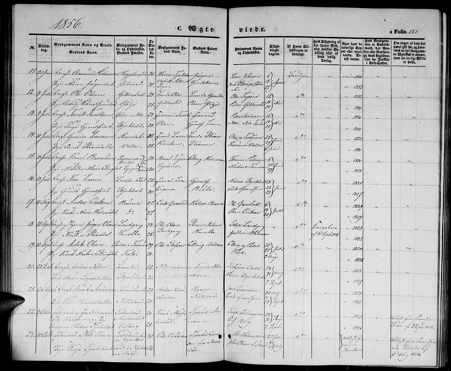 Holt sokneprestkontor, AV/SAK-1111-0021/F/Fb/L0007: Parish register (copy) no. B 7, 1849-1858, p. 121