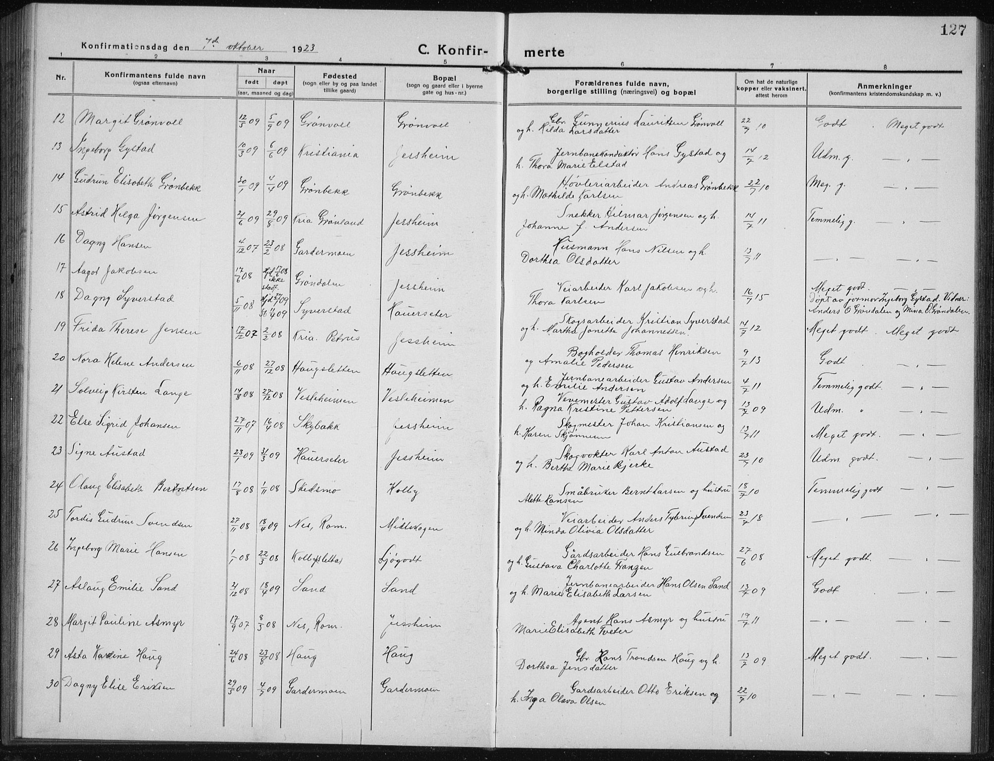 Ullensaker prestekontor Kirkebøker, SAO/A-10236a/G/Gb/L0002: Parish register (copy) no. II 2, 1917-1941, p. 127