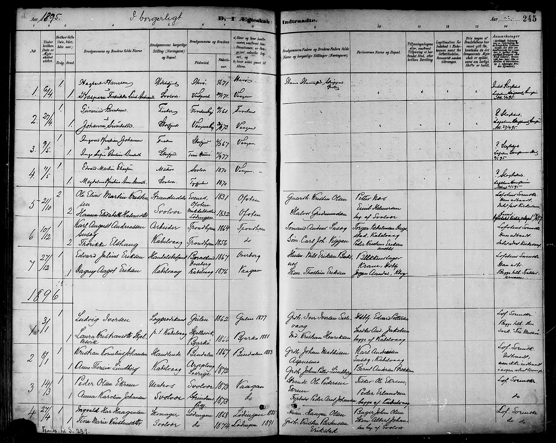 Ministerialprotokoller, klokkerbøker og fødselsregistre - Nordland, AV/SAT-A-1459/874/L1060: Parish register (official) no. 874A04, 1890-1899, p. 245