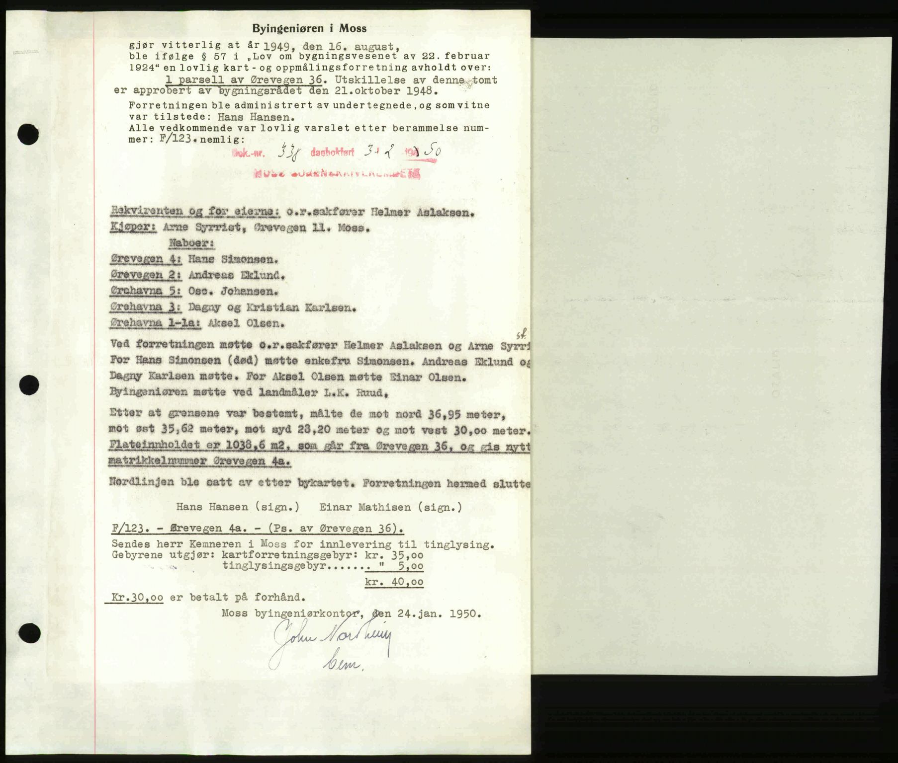 Moss sorenskriveri, SAO/A-10168: Mortgage book no. A25, 1950-1950, Diary no: : 338/1950