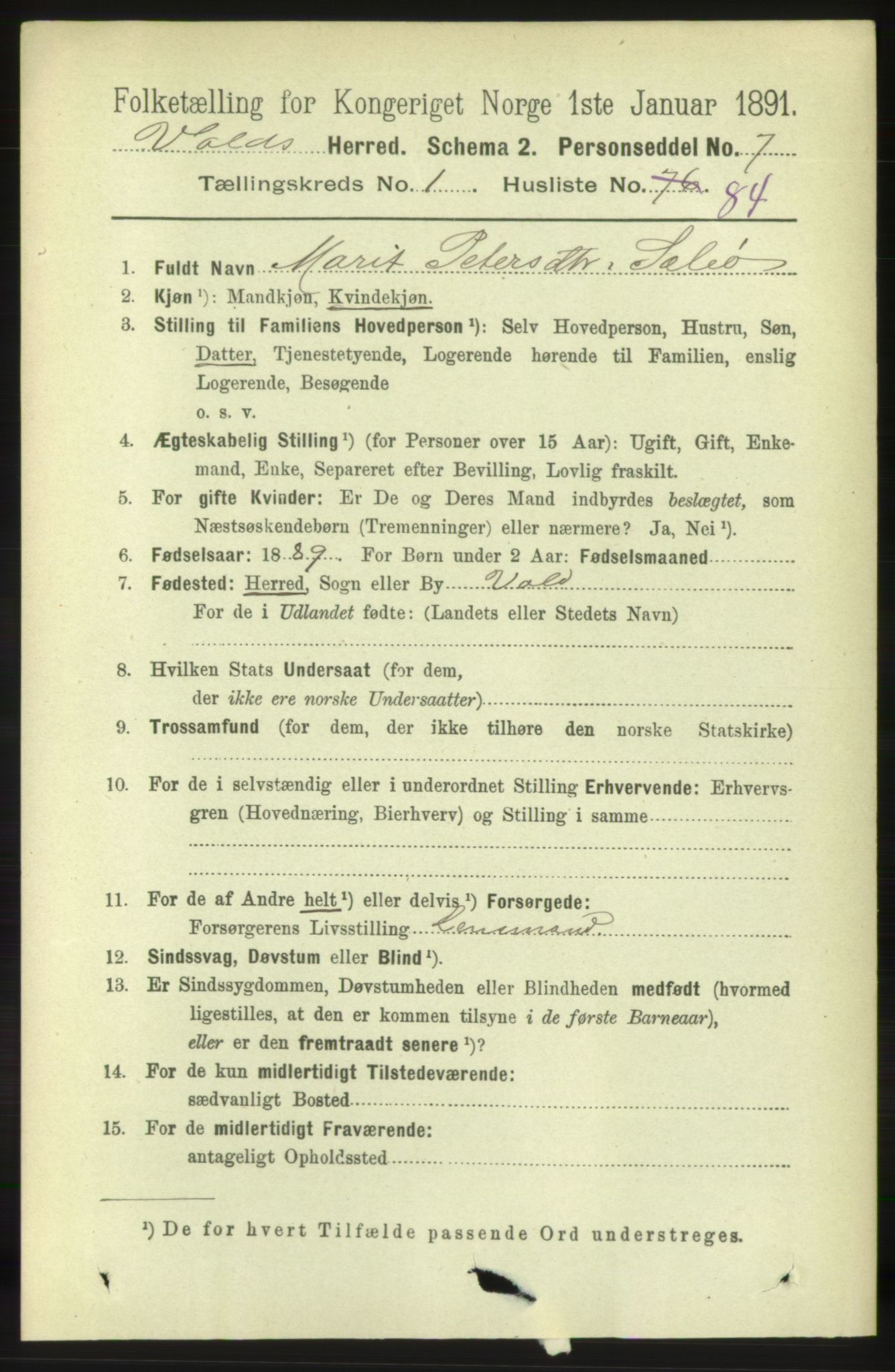 RA, 1891 census for 1537 Voll, 1891, p. 645