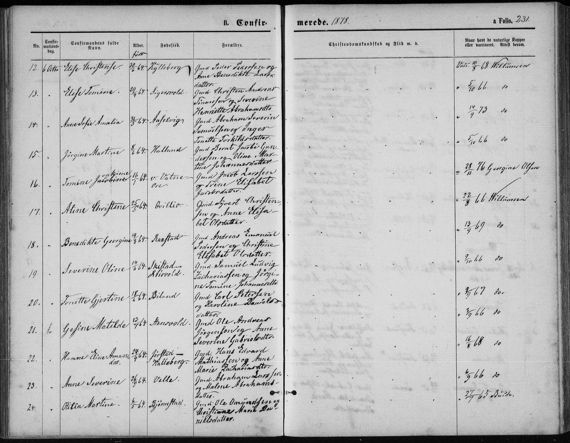 Lista sokneprestkontor, AV/SAK-1111-0027/F/Fb/L0004: Parish register (copy) no. B 4, 1877-1891, p. 231