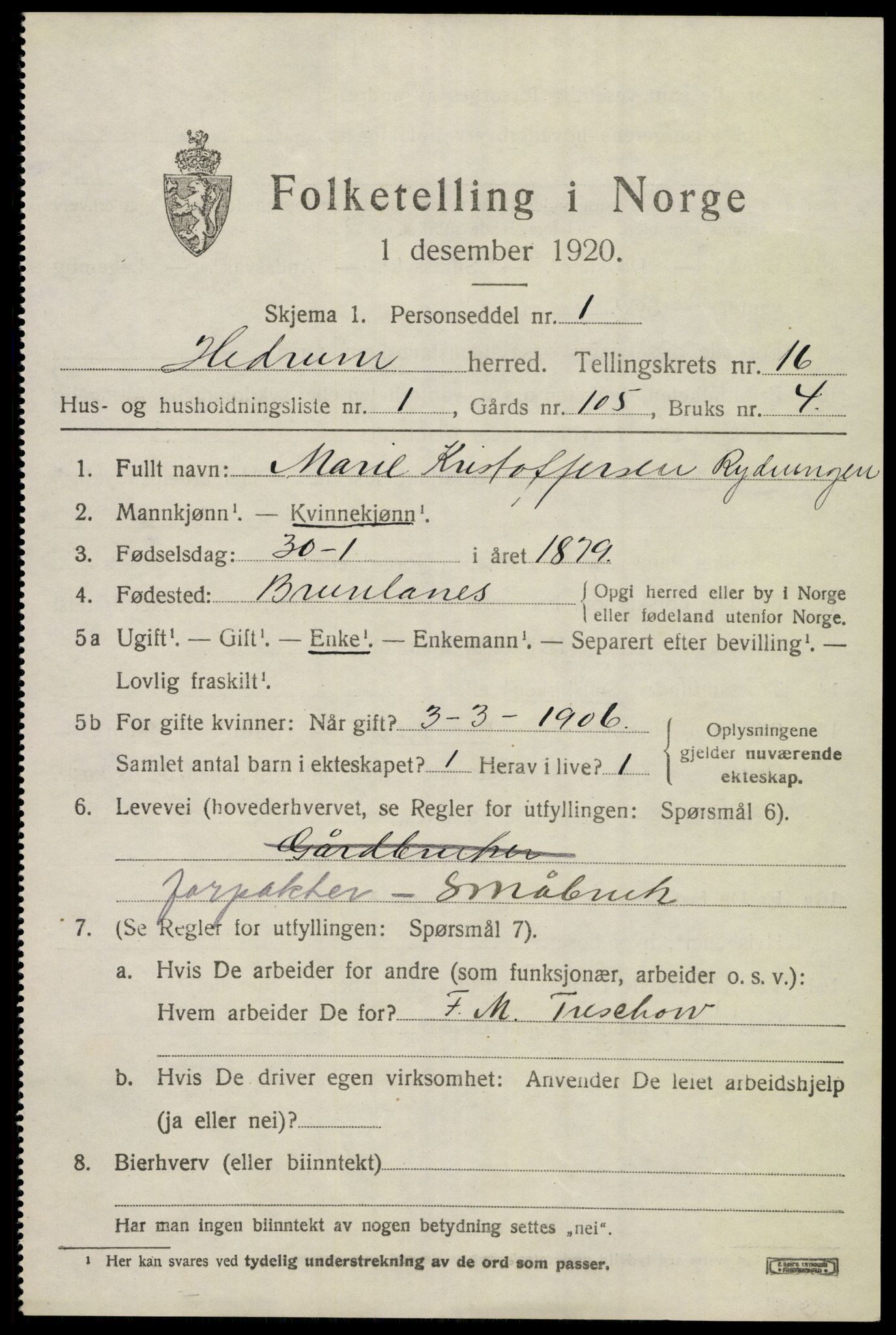 SAKO, 1920 census for Hedrum, 1920, p. 10265