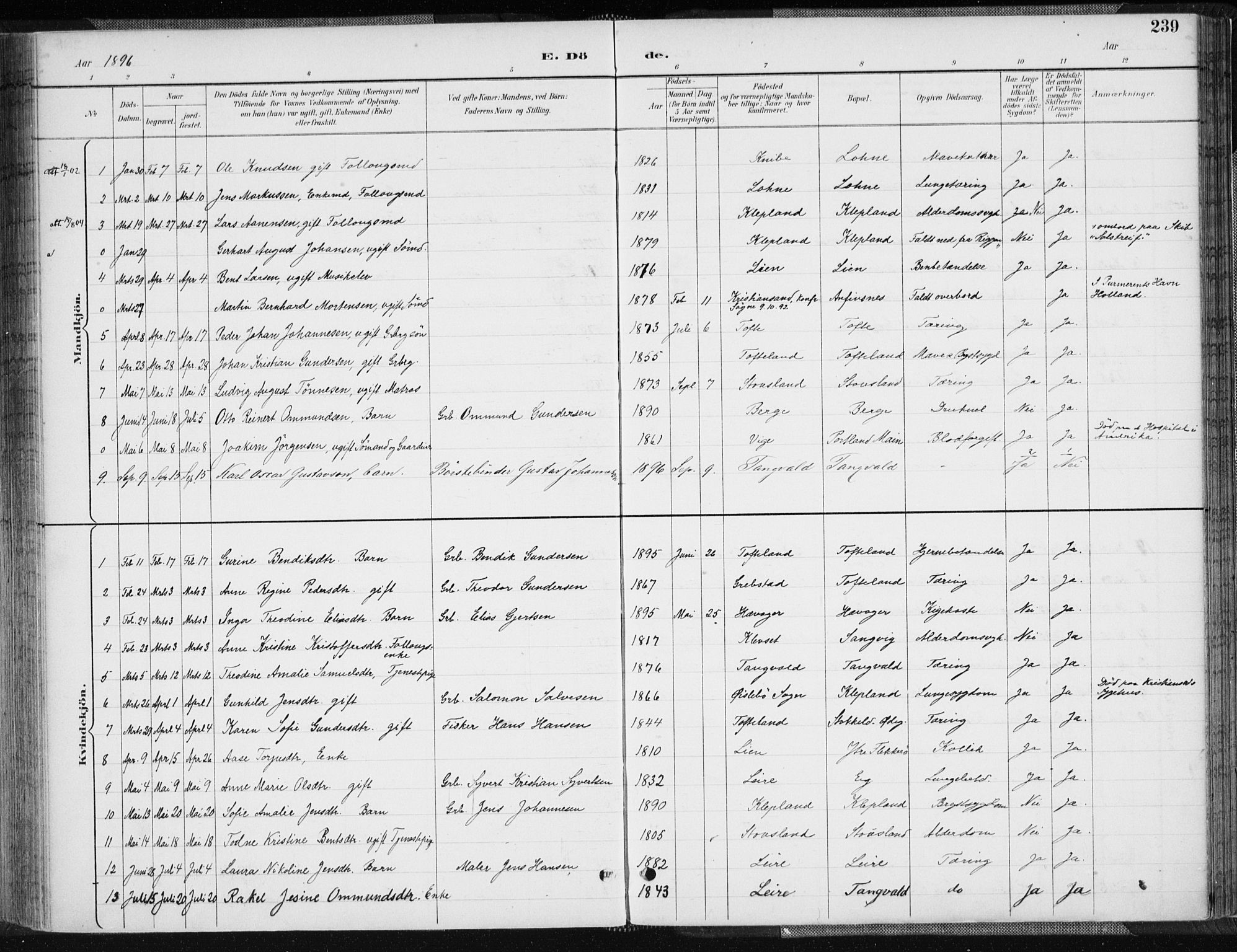 Søgne sokneprestkontor, SAK/1111-0037/F/Fa/Fab/L0013: Parish register (official) no. A 13, 1892-1911, p. 239
