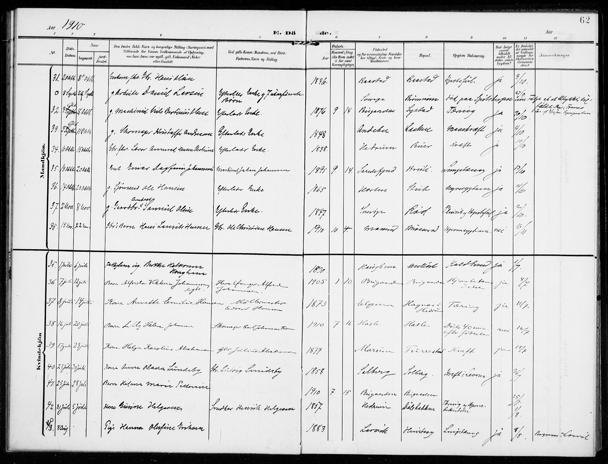 Sandar kirkebøker, AV/SAKO-A-243/F/Fa/L0019: Parish register (official) no. 19, 1908-1914, p. 62