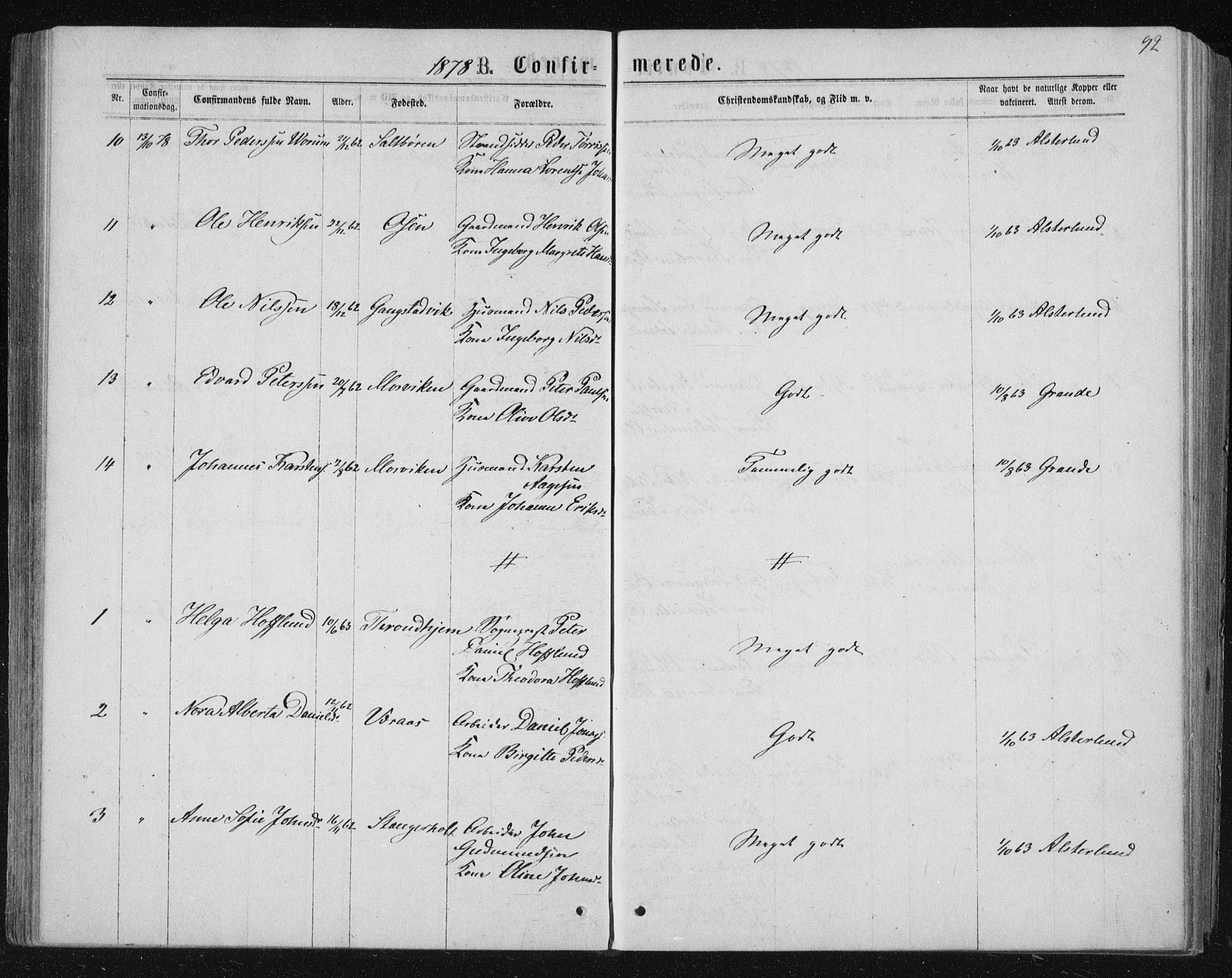 Ministerialprotokoller, klokkerbøker og fødselsregistre - Nord-Trøndelag, SAT/A-1458/722/L0219: Parish register (official) no. 722A06, 1868-1880, p. 92