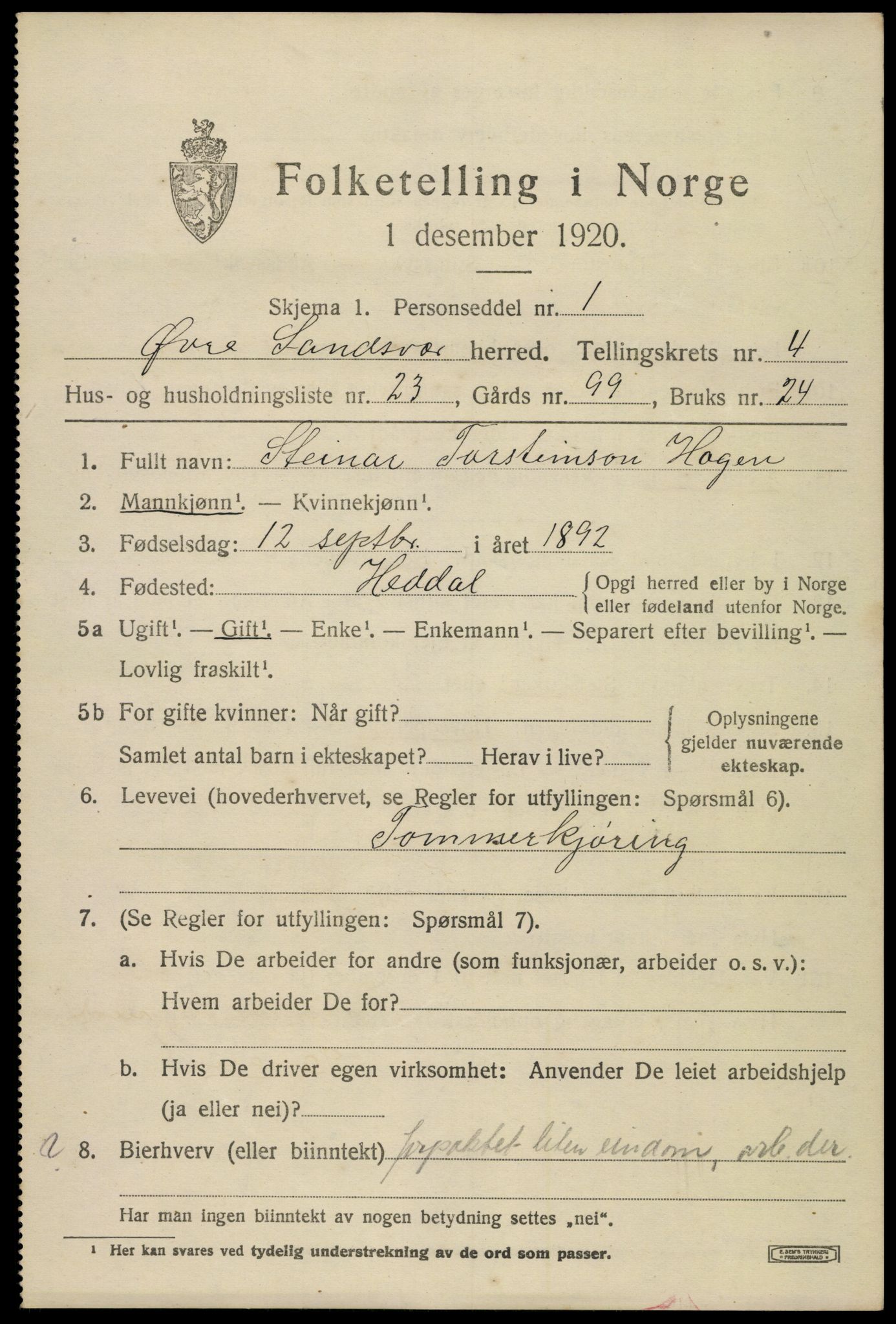 SAKO, 1920 census for Øvre Sandsvær, 1920, p. 2822
