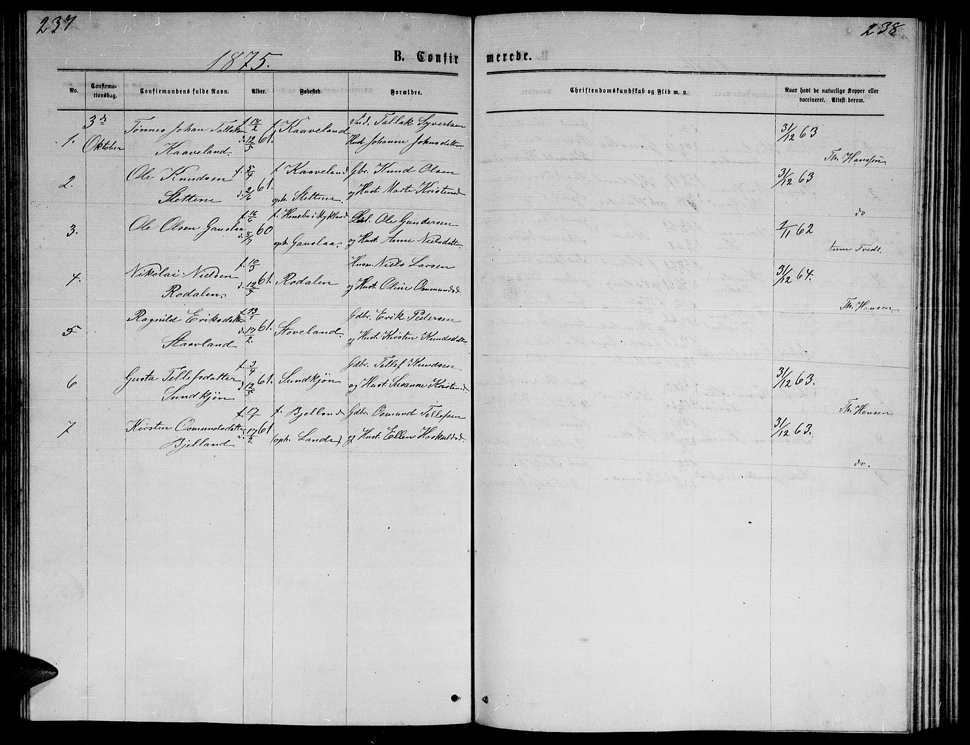 Herefoss sokneprestkontor, SAK/1111-0019/F/Fb/Fba/L0002: Parish register (copy) no. B 2, 1868-1886, p. 237-238