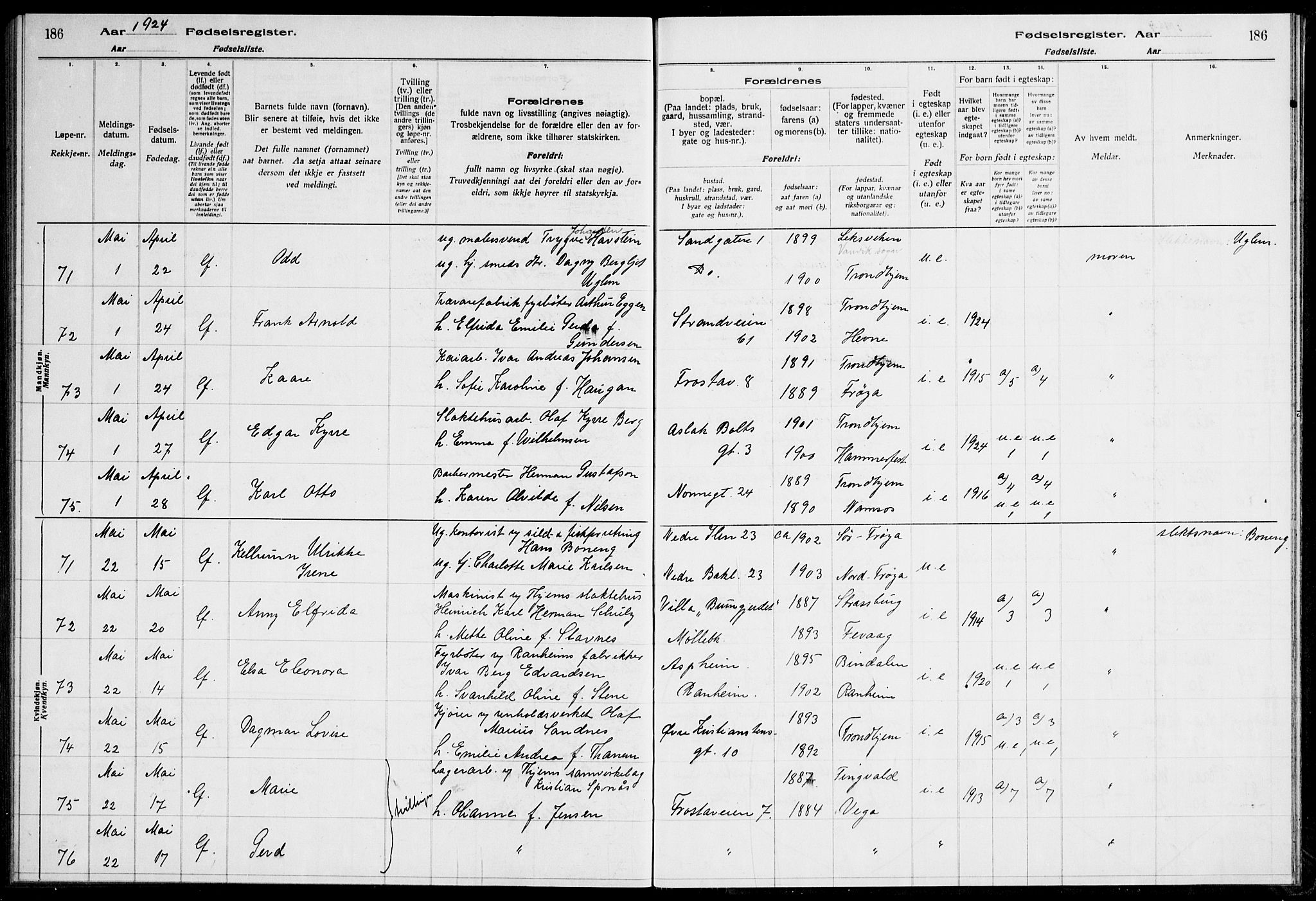 Ministerialprotokoller, klokkerbøker og fødselsregistre - Sør-Trøndelag, SAT/A-1456/600/L0003: Birth register no. 600.II.4.2, 1920-1924, p. 186