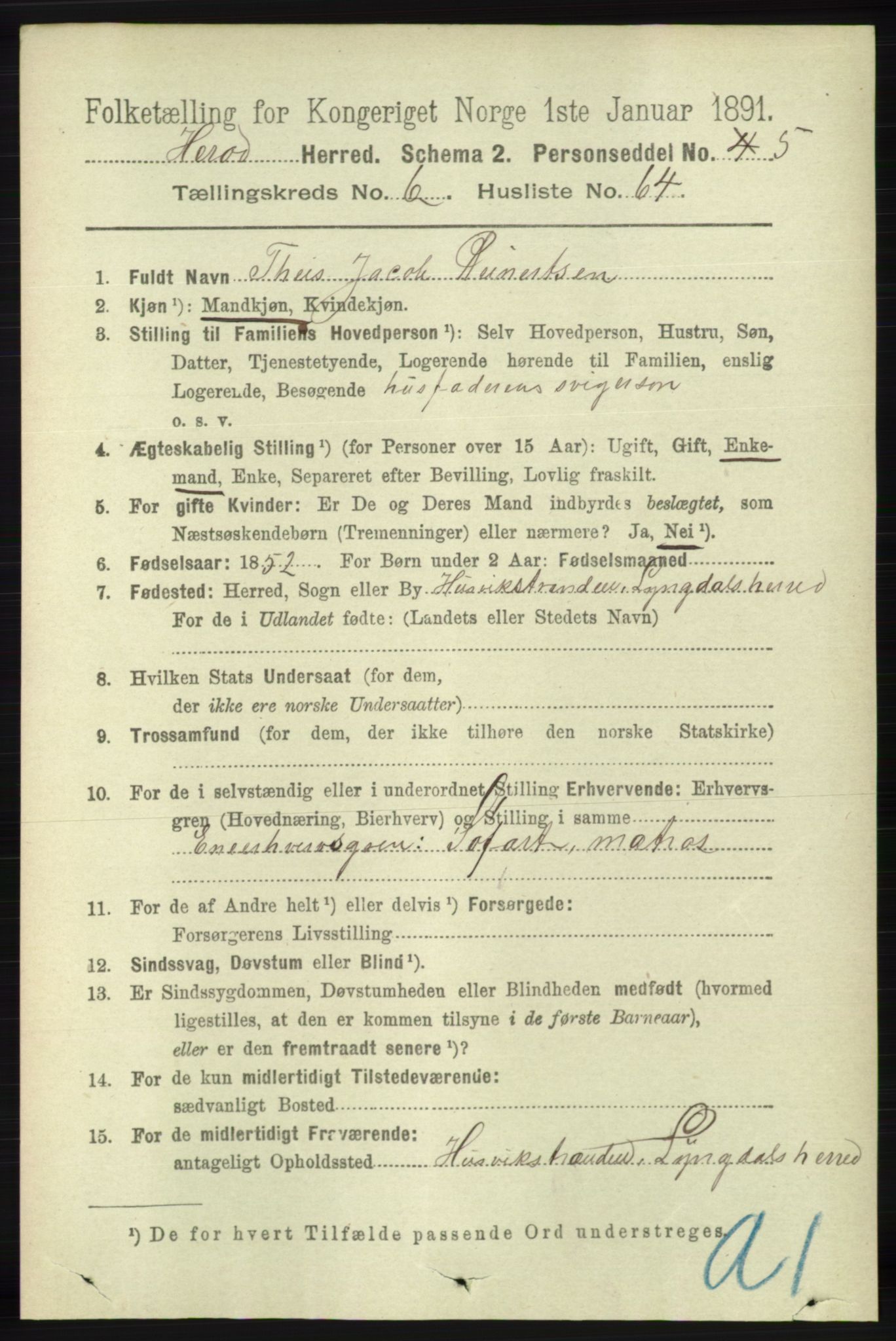 RA, 1891 census for 1039 Herad, 1891, p. 2699