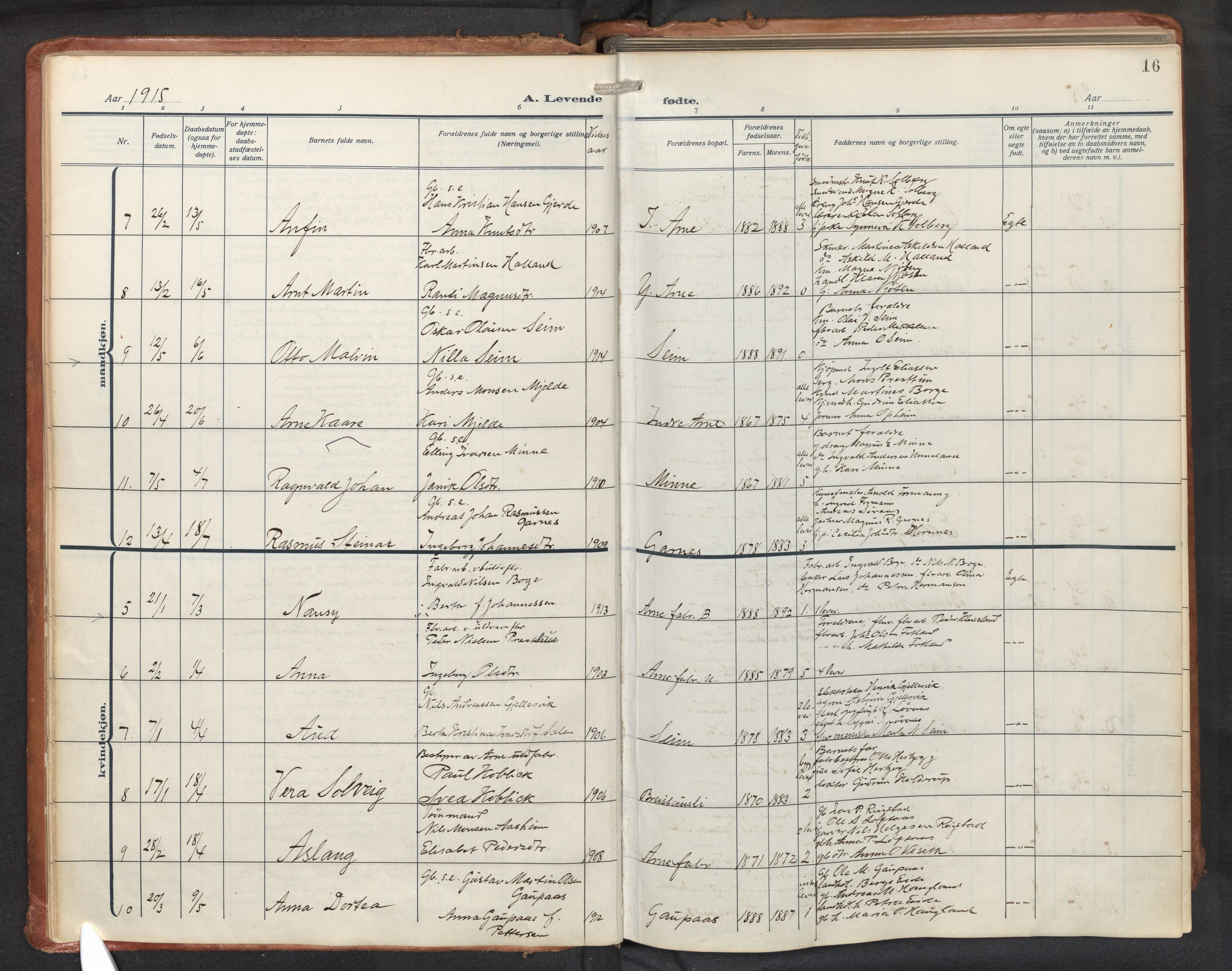 Haus sokneprestembete, AV/SAB-A-75601/H/Haa: Parish register (official) no. D 3, 1912-1927, p. 16