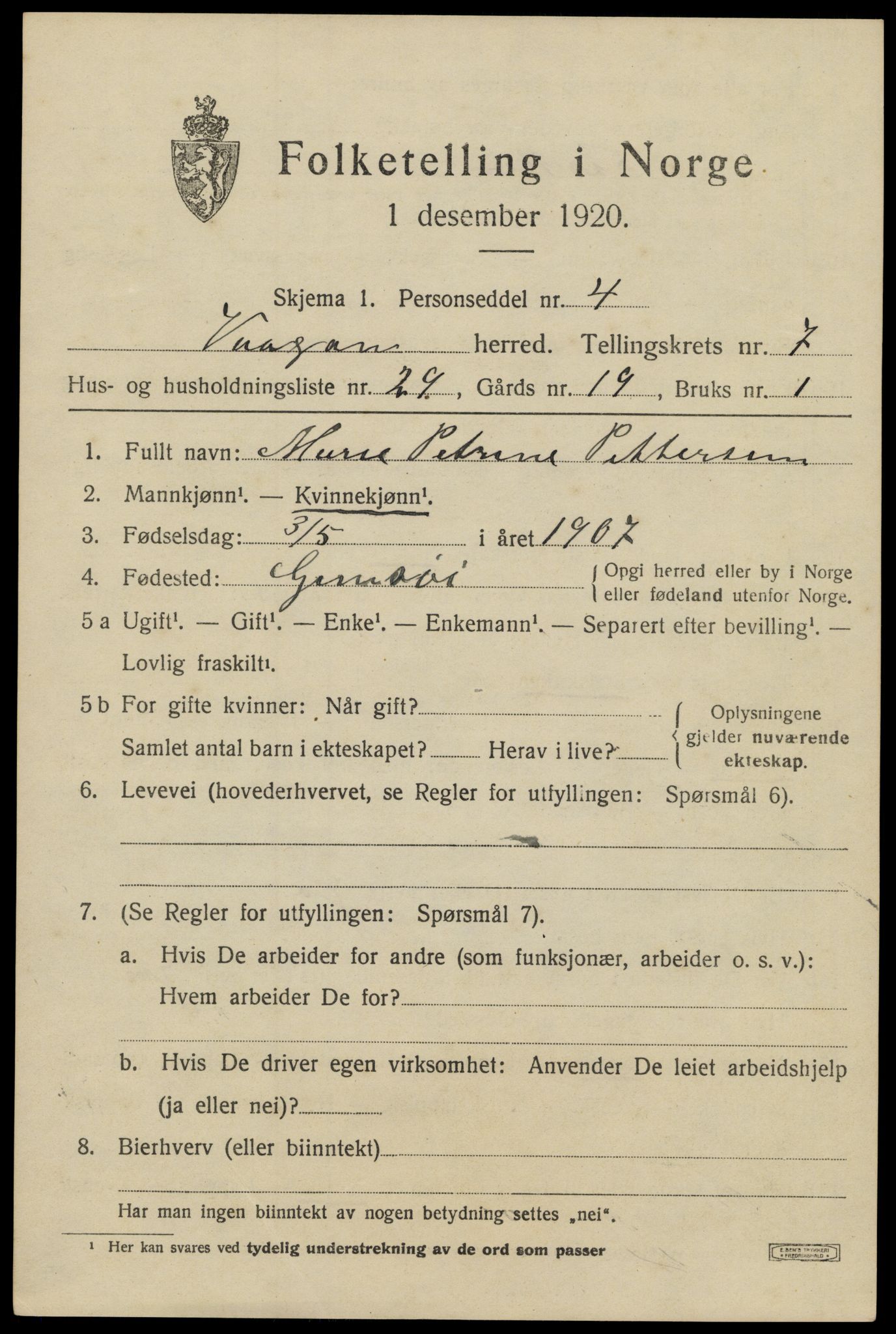 SAT, 1920 census for Vågan, 1920, p. 6753