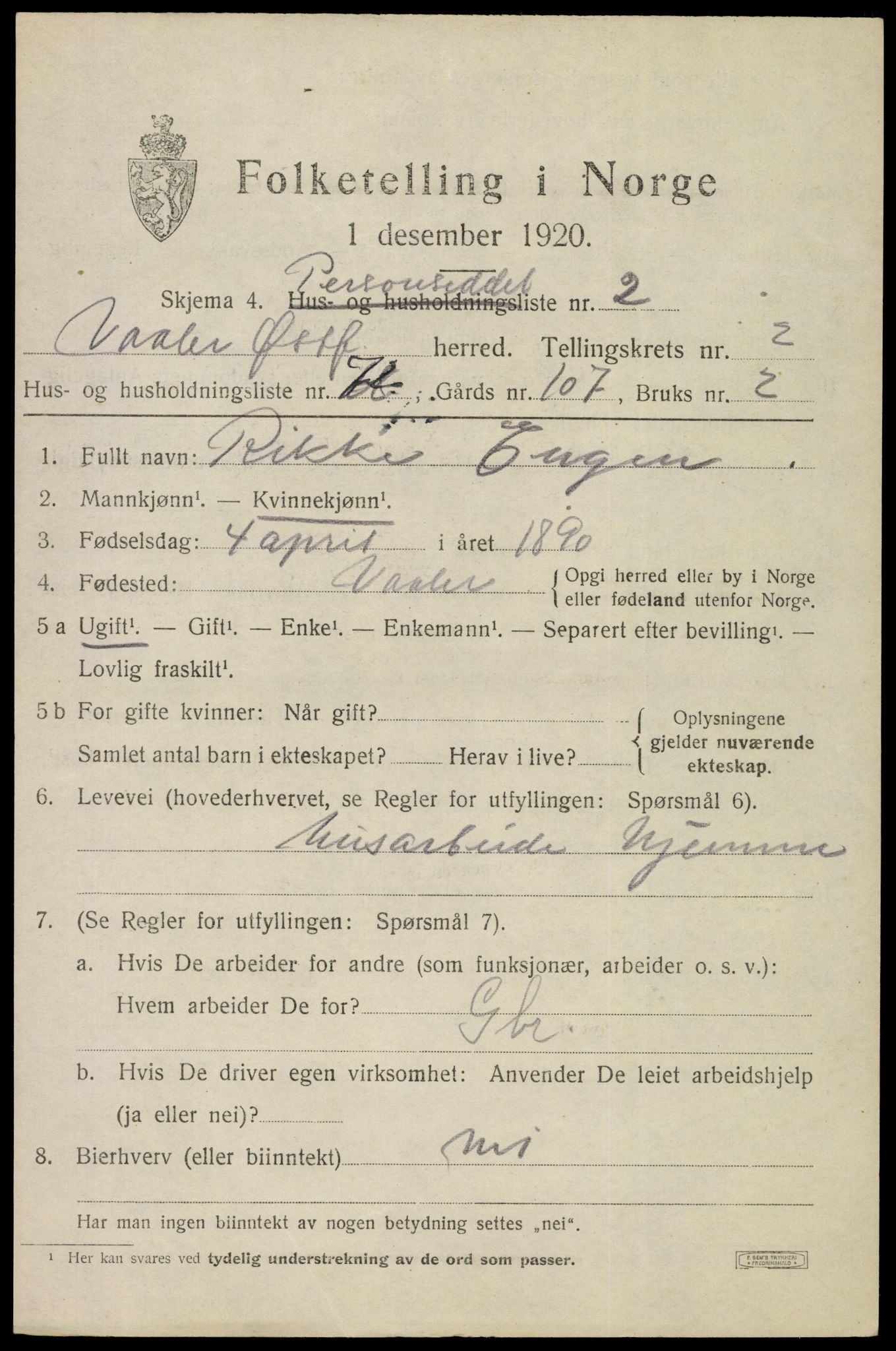 SAO, 1920 census for Våler, 1920, p. 2046