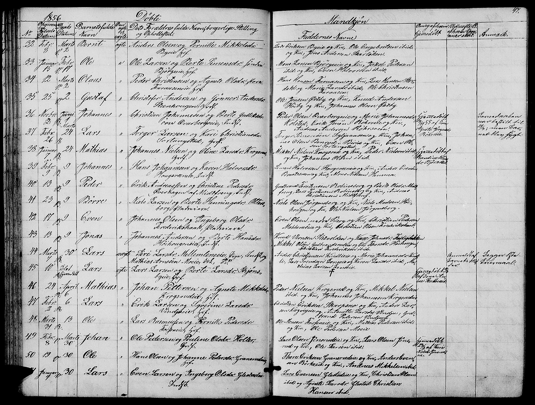Ringsaker prestekontor, SAH/PREST-014/L/La/L0006: Parish register (copy) no. 6, 1851-1860, p. 47