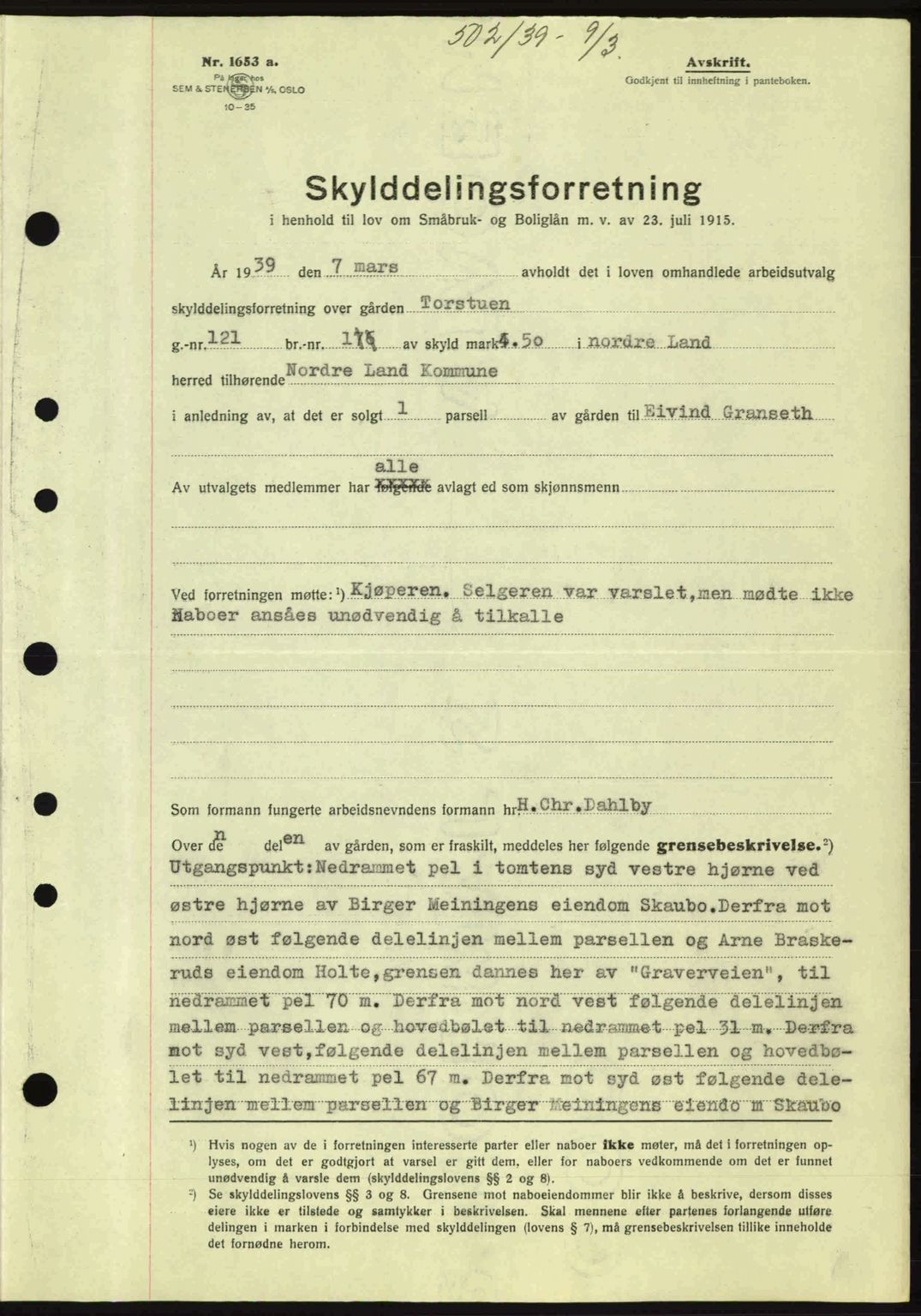 Hadeland og Land tingrett, AV/SAH-TING-010/H/Hb/Hbb/L0077: Mortgage book no. A77, 1938-1939, Diary no: : 502/1939