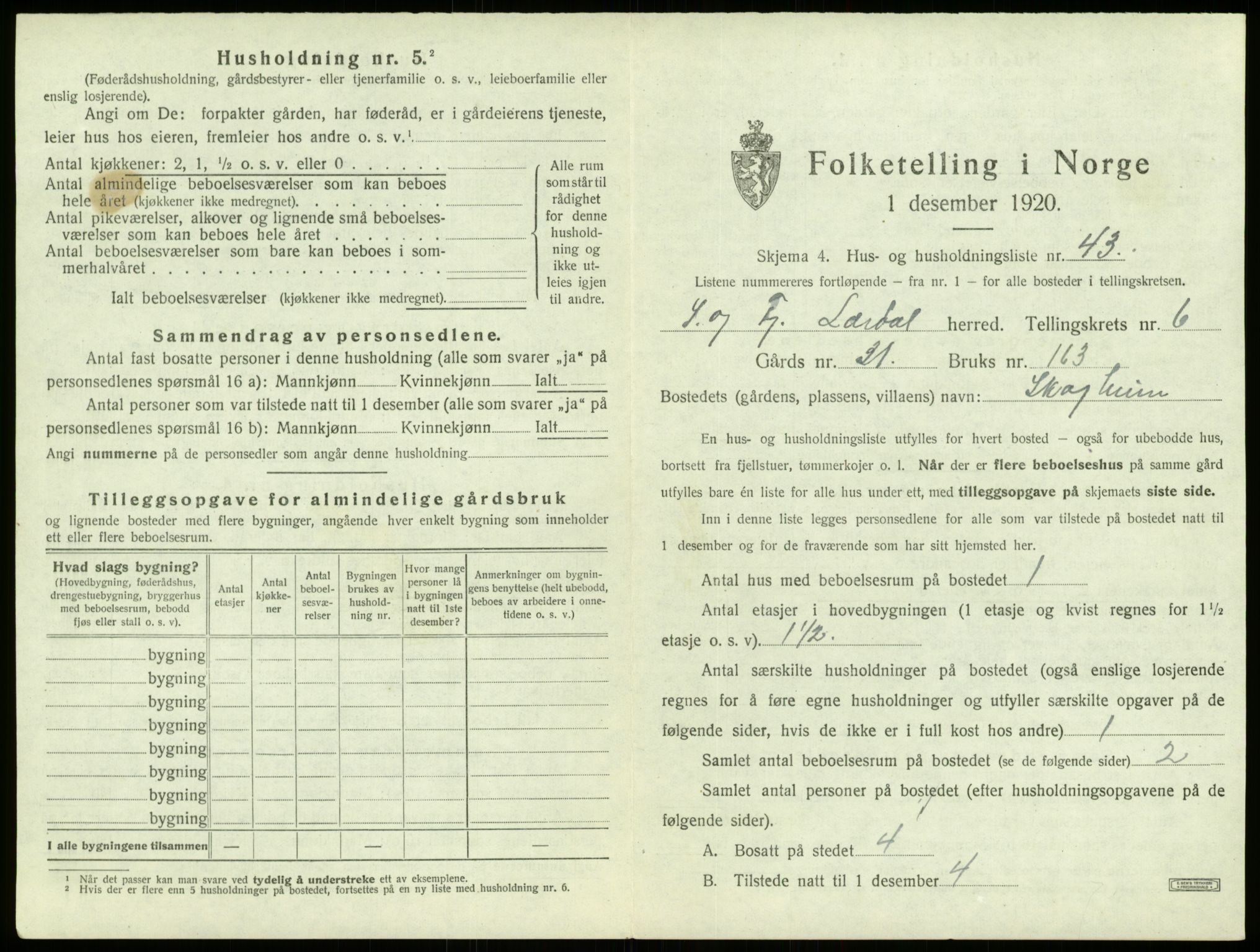 SAB, 1920 census for Lærdal, 1920, p. 506