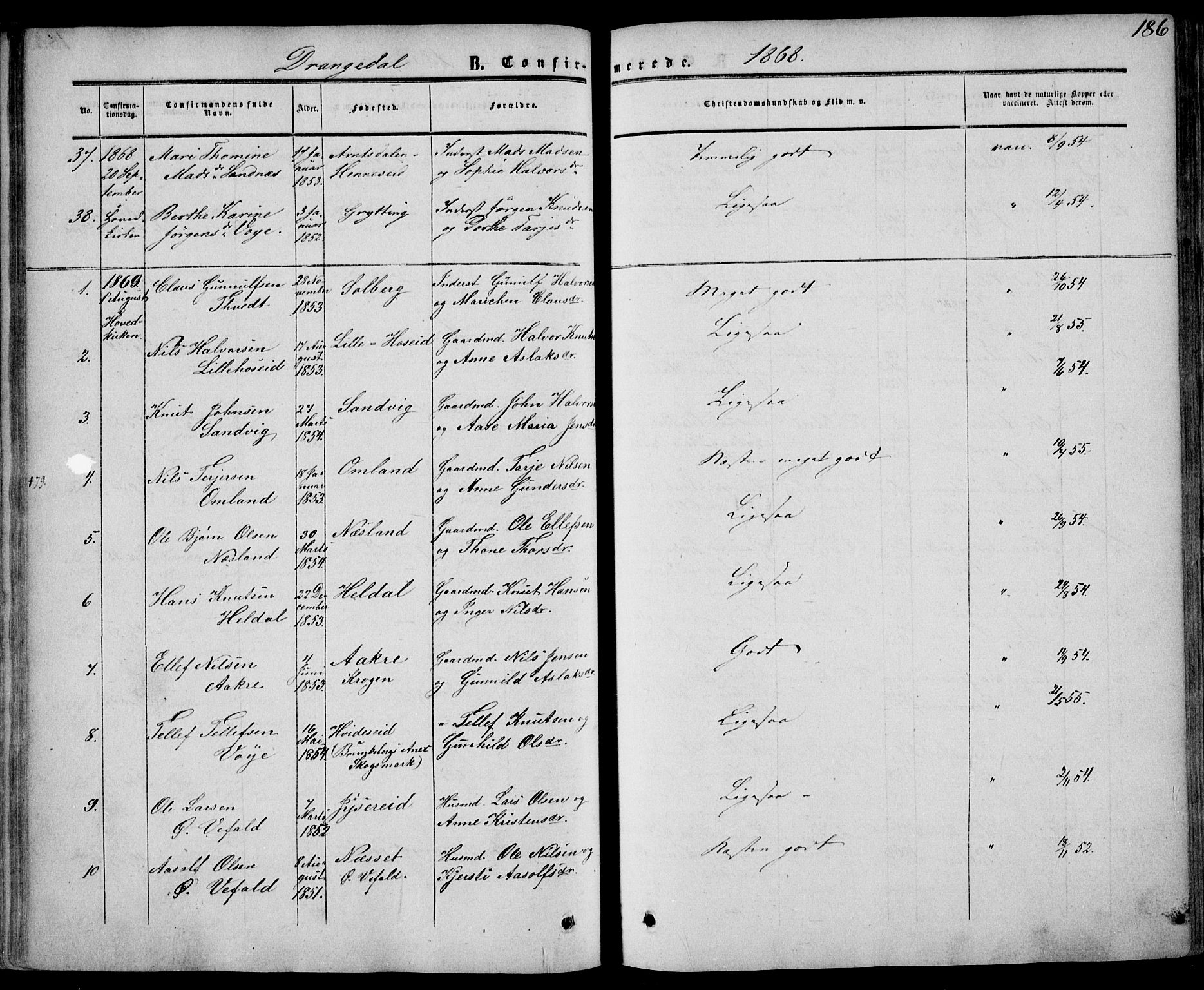 Drangedal kirkebøker, AV/SAKO-A-258/F/Fa/L0008: Parish register (official) no. 8, 1857-1871, p. 186