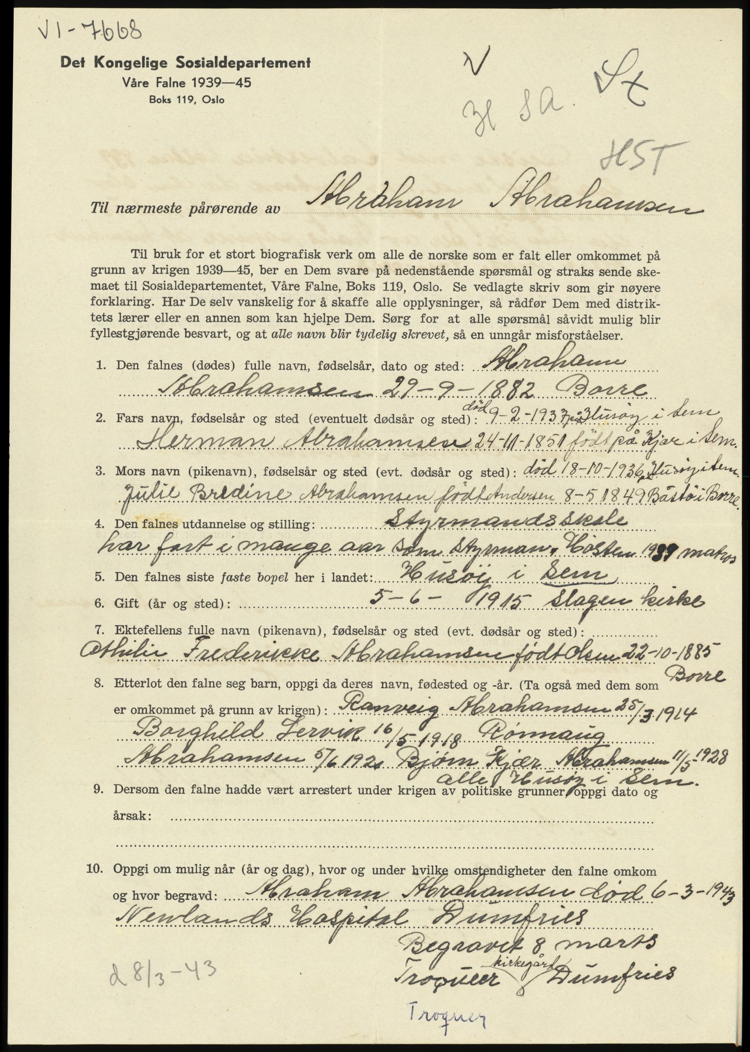 Sosialdepartementet, Våre Falne, AV/RA-S-1708/E/Ee/L0025: Personmapper: Abelsen 01 - Amundsen, H. 65, 1945-1951, p. 75