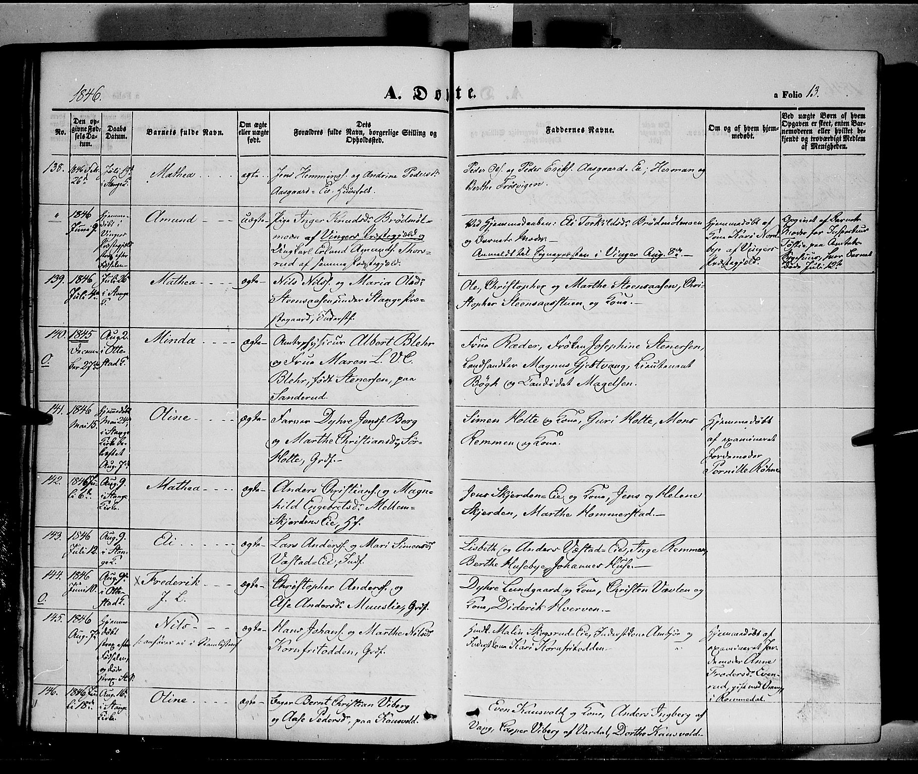 Stange prestekontor, SAH/PREST-002/K/L0011: Parish register (official) no. 11, 1846-1852, p. 13