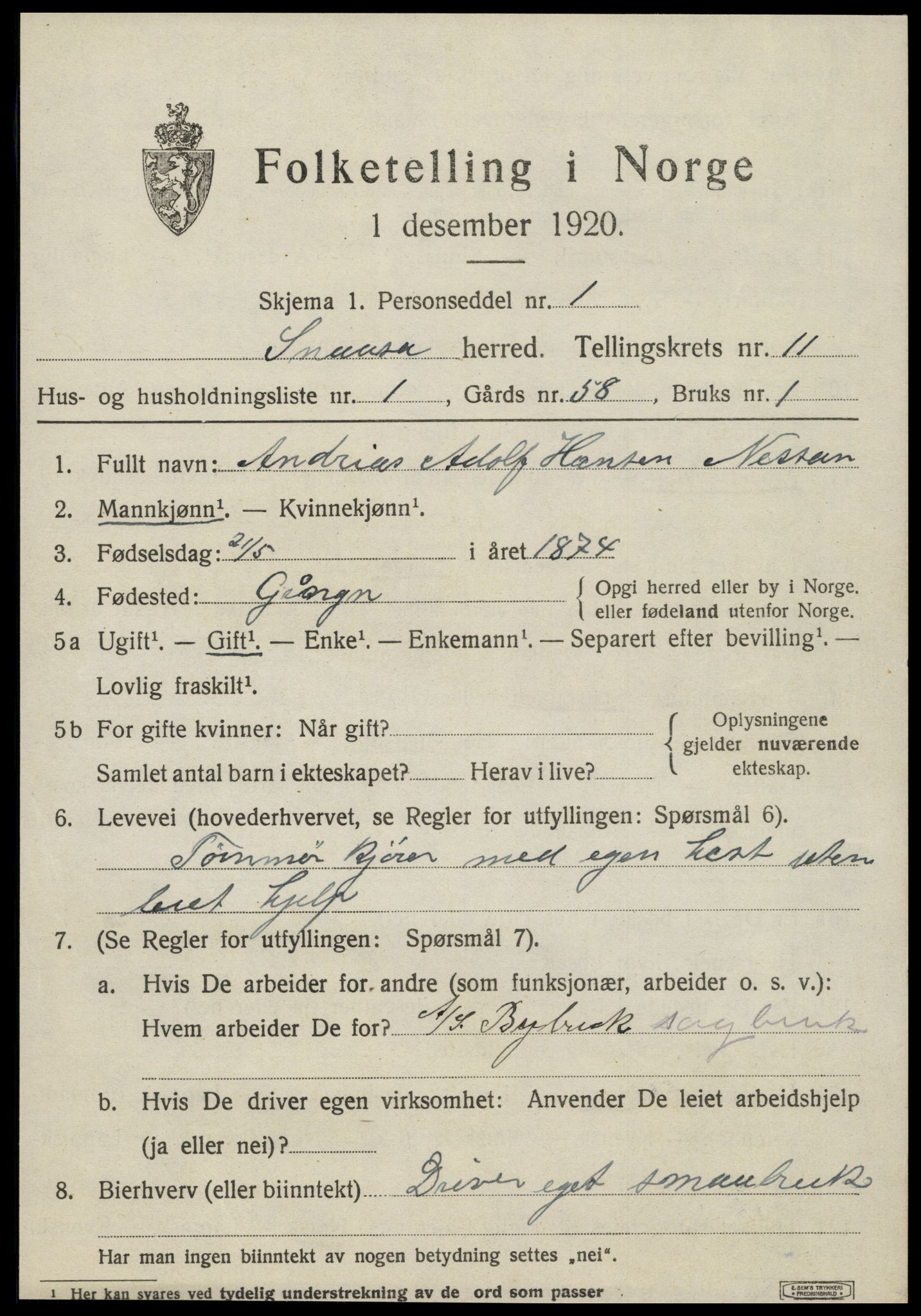 SAT, 1920 census for Snåsa, 1920, p. 4996